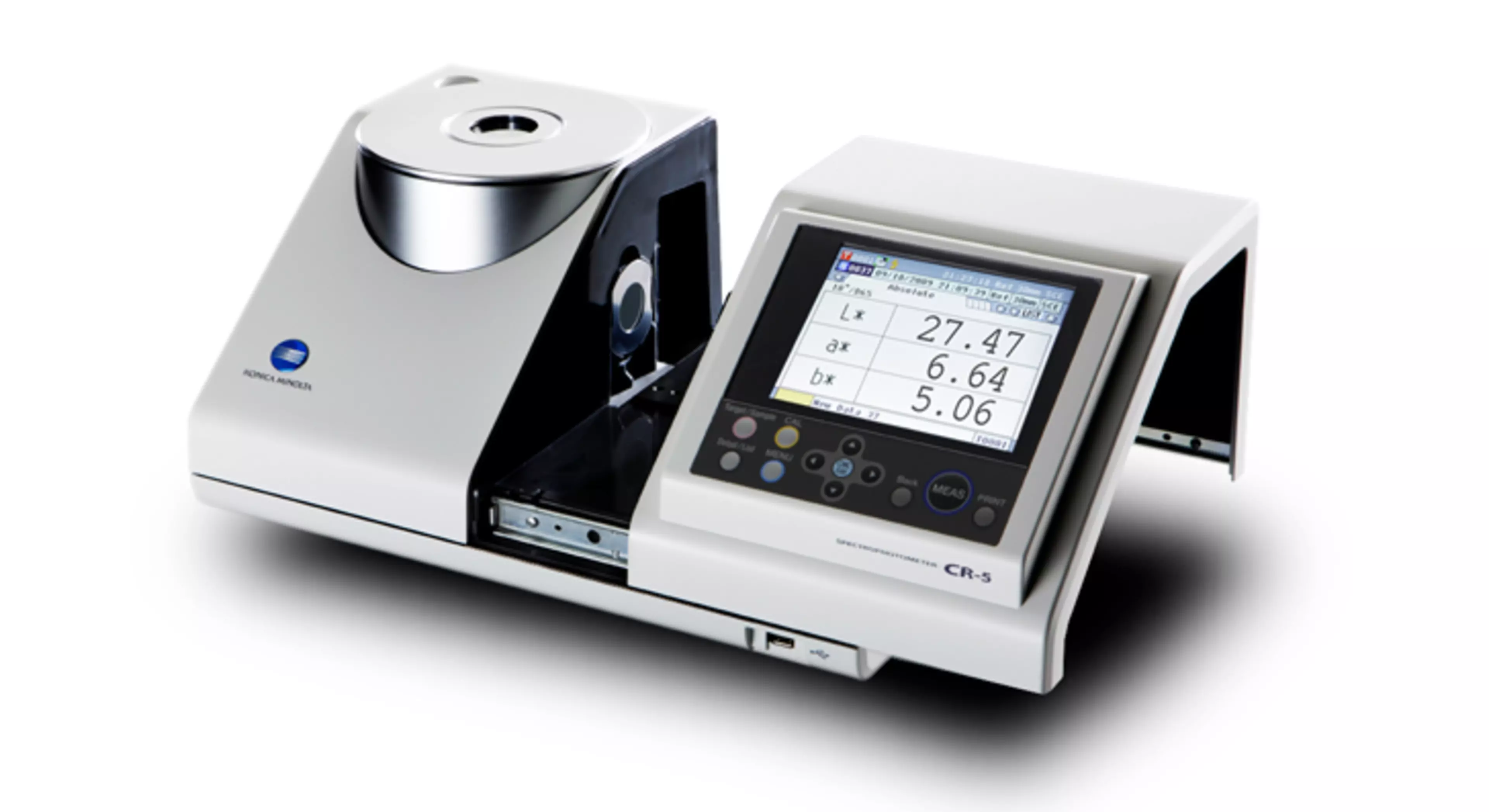 Benchtop Colorimeter CR5 with its transmittance chamber open to measure the colour of solid and liquid samples