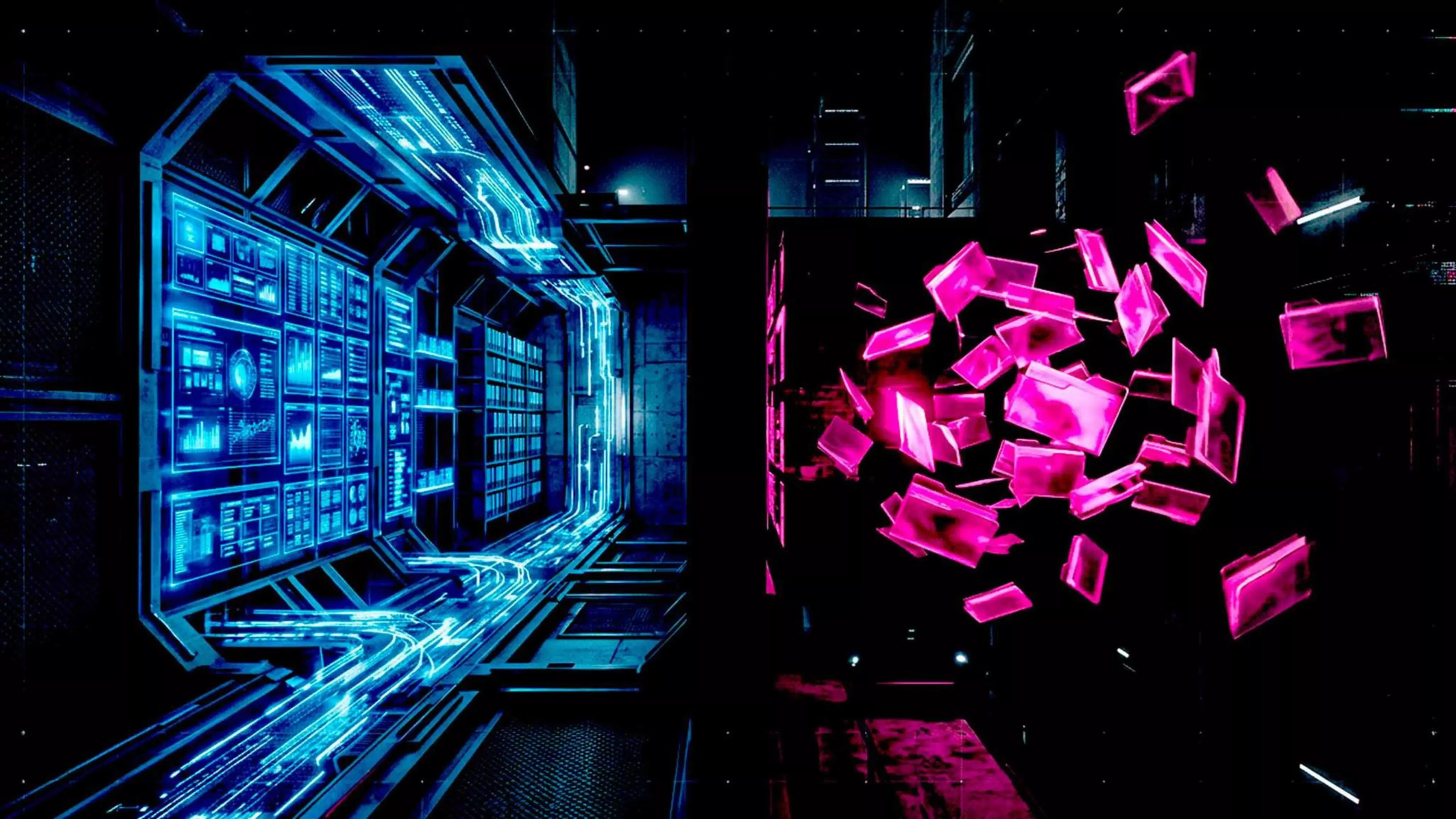 Imagen digital que representa carpetas y documentos volando frente a una consola informática