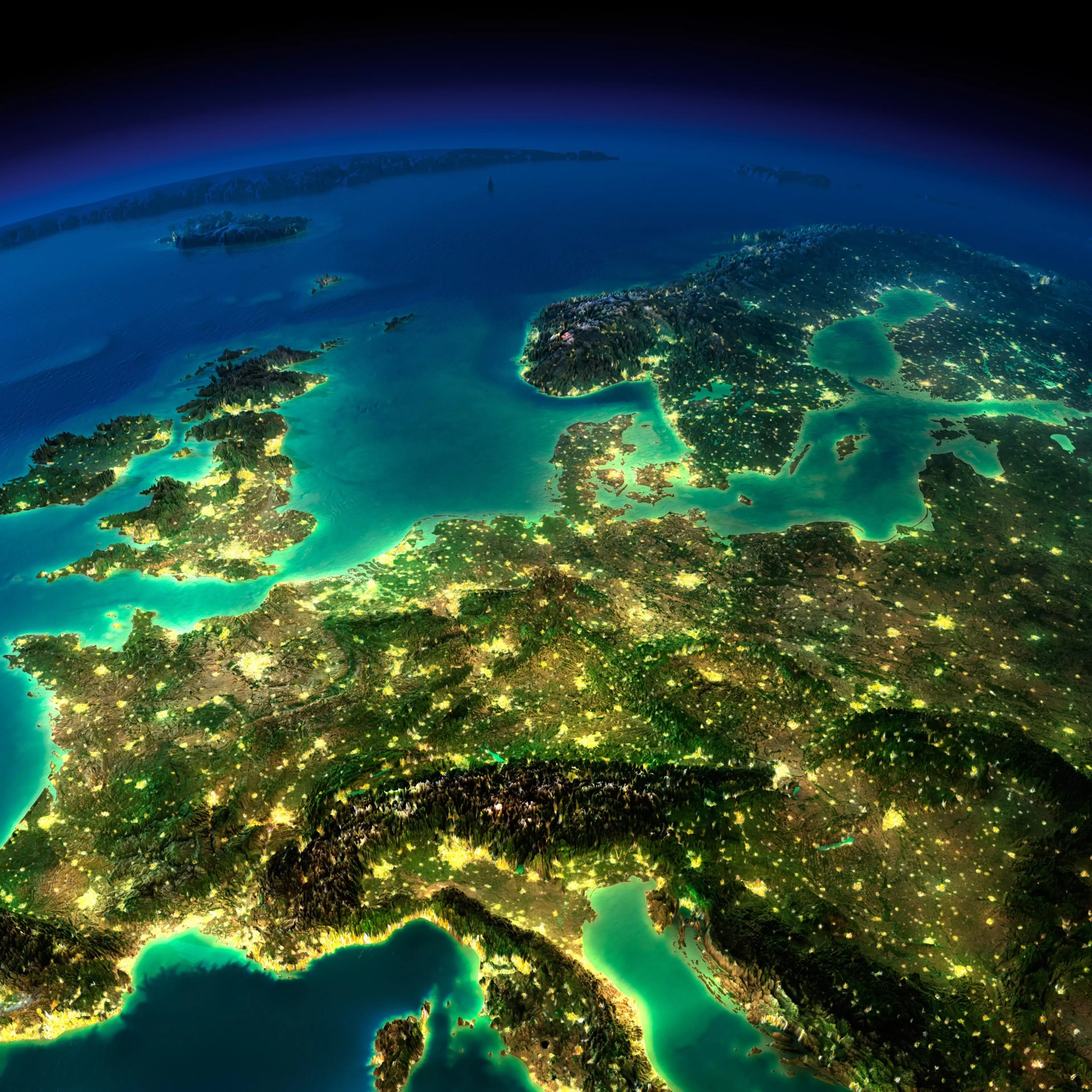 Highly detailed Earth, illuminated by moonlight. The glow of cities sheds light on the detailed exaggerated terrain. Central Europe. Elements of this image furnished by NASA; Shutterstock ID 136930073; PO: Panel background