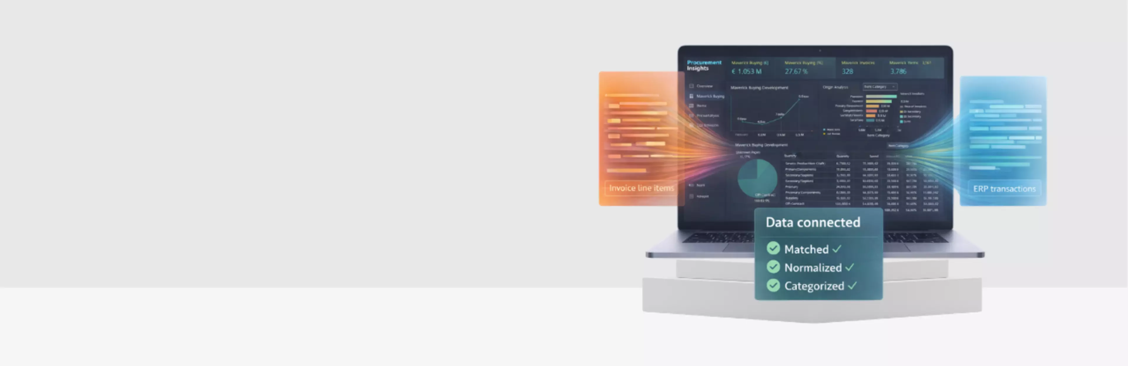Laptop displaying a procurement analytics dashboard connected to invoice line items and ERP transactions.