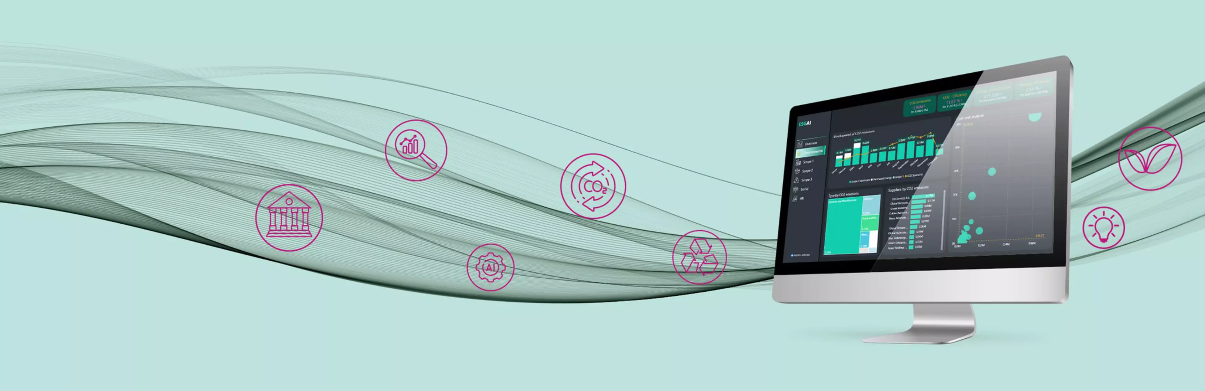 AI-powered ESG reporting dashboard shown on a monitor placed on green moss, illustrating sustainability-driven analytics and smart environmental reporting.