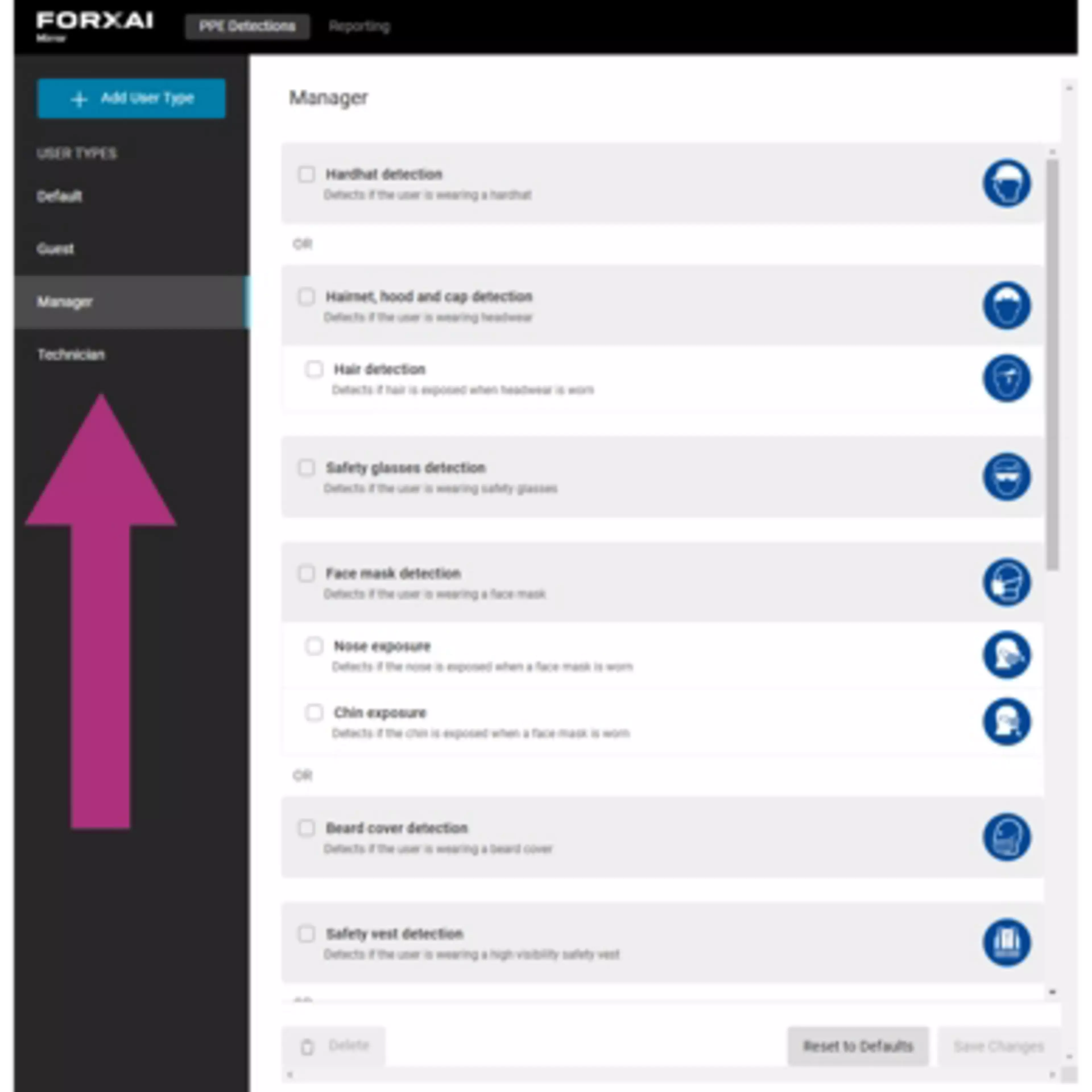 Pantalla de creación de perfiles de usuario en FORXAI Mirror