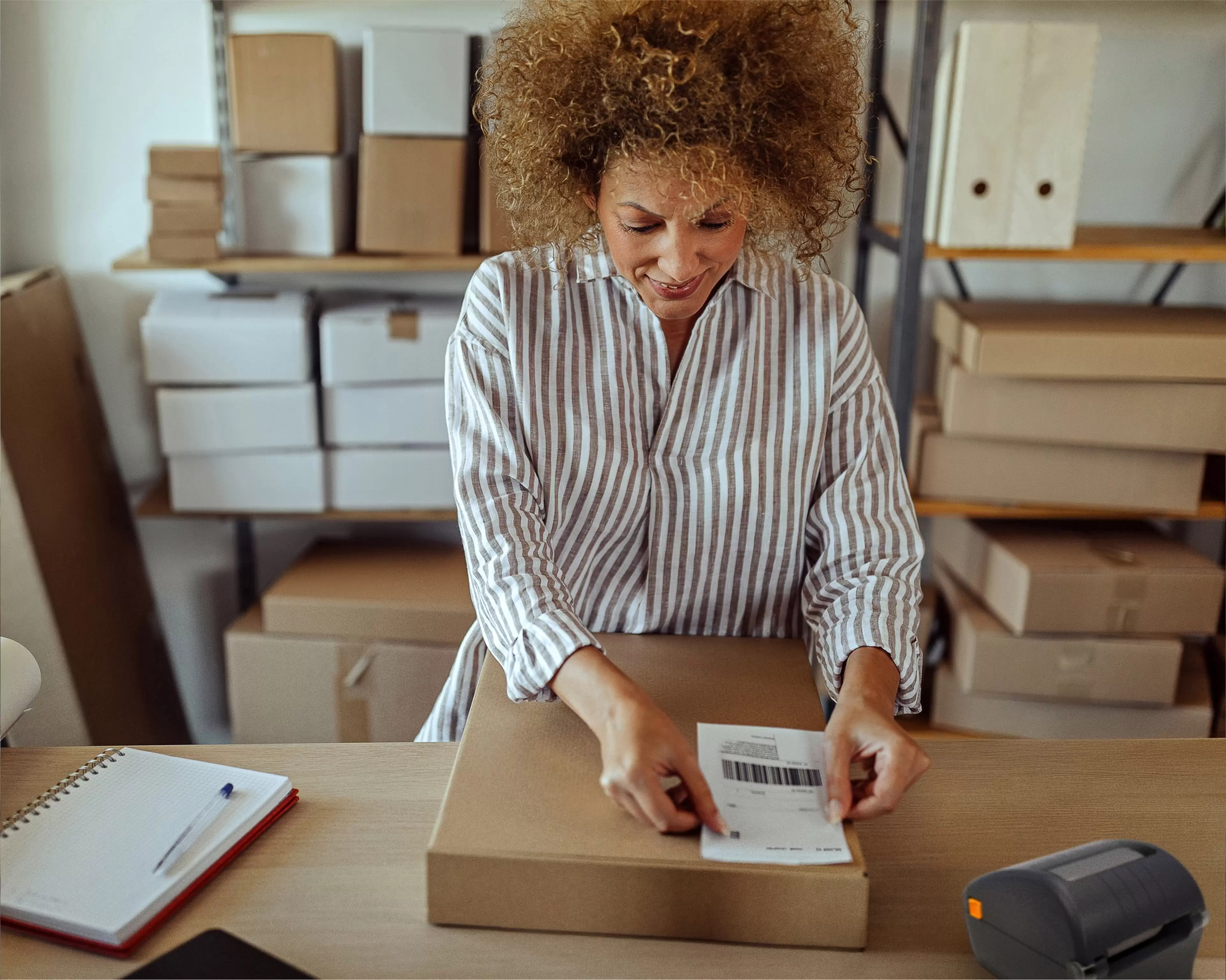 Female entrepreneur labeling delivery package with barcode at distribution warehouse
ZD220
