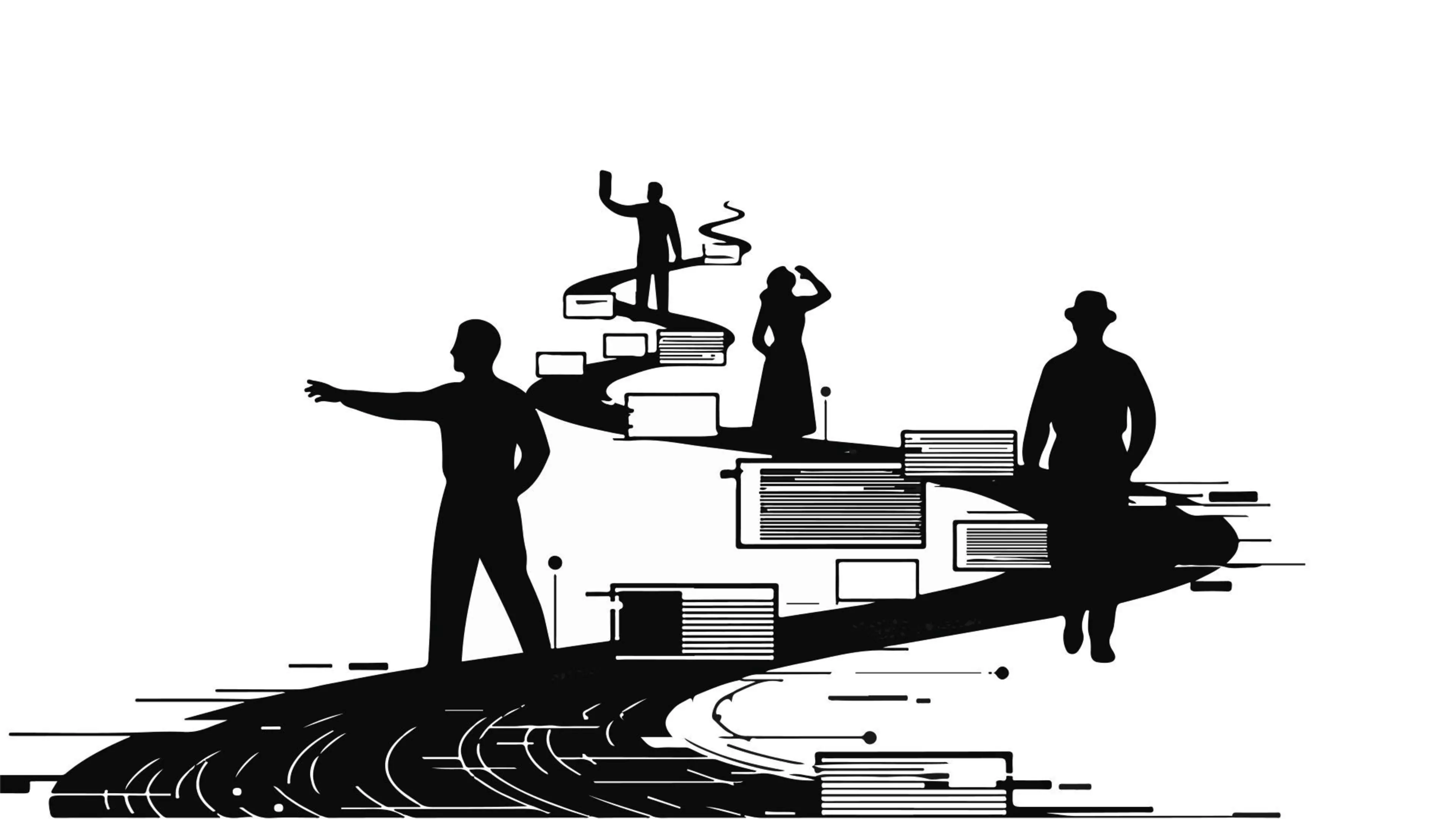 Silhouetten von Personen auf einem digitalen, geschwungenen Weg, der mit stilisierten Computerdatenblöcken und abstrakten Elementen gesäumt ist. Jede Person scheint eine andere Richtung einzuschlagen, was eine Reise oder Entwicklung darstellt.