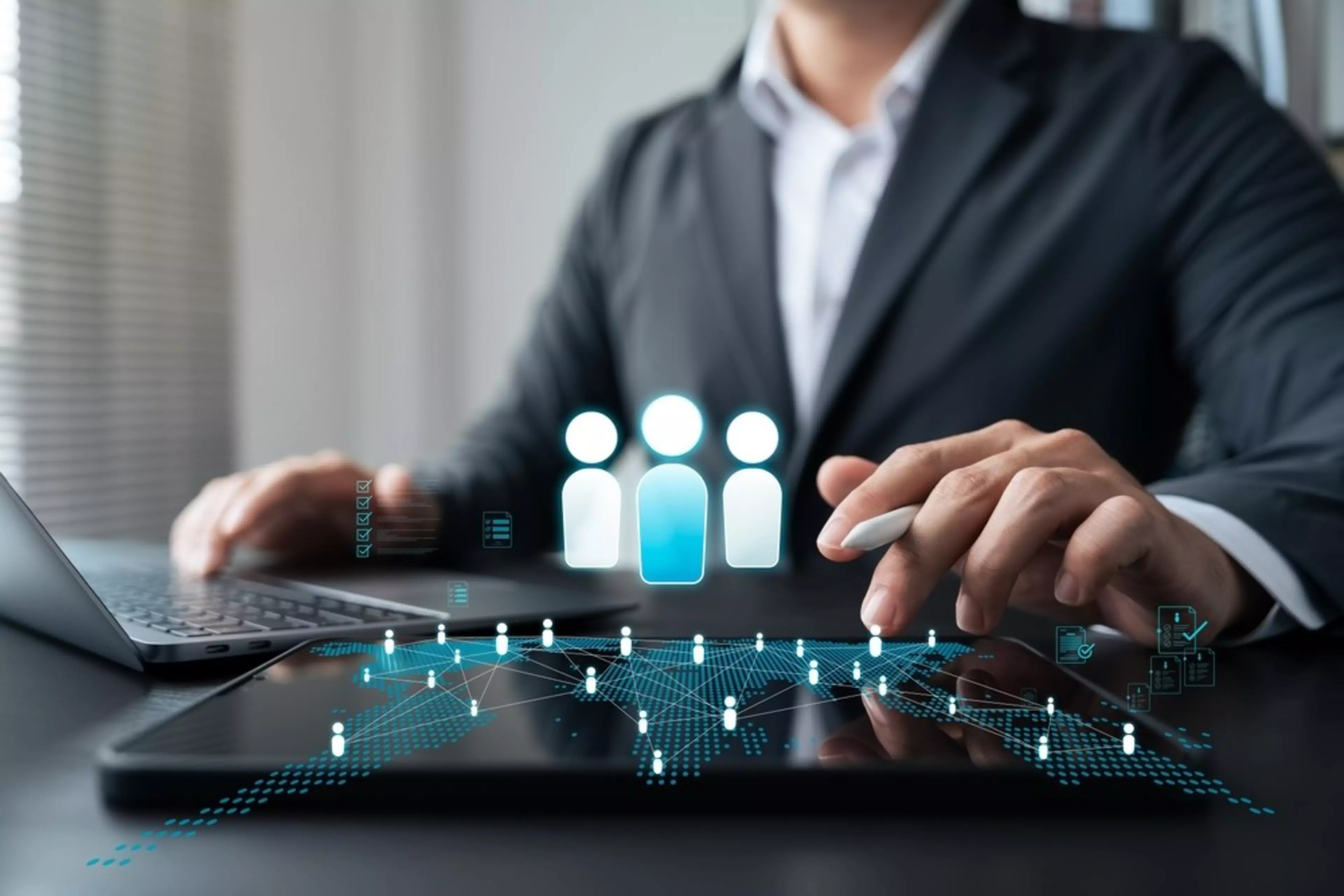 Digital transformation in human resource management. Businessman using smart technology and data networks to optimize workforce operations and enhance employee engagement in a modern workplace.
2649099539
