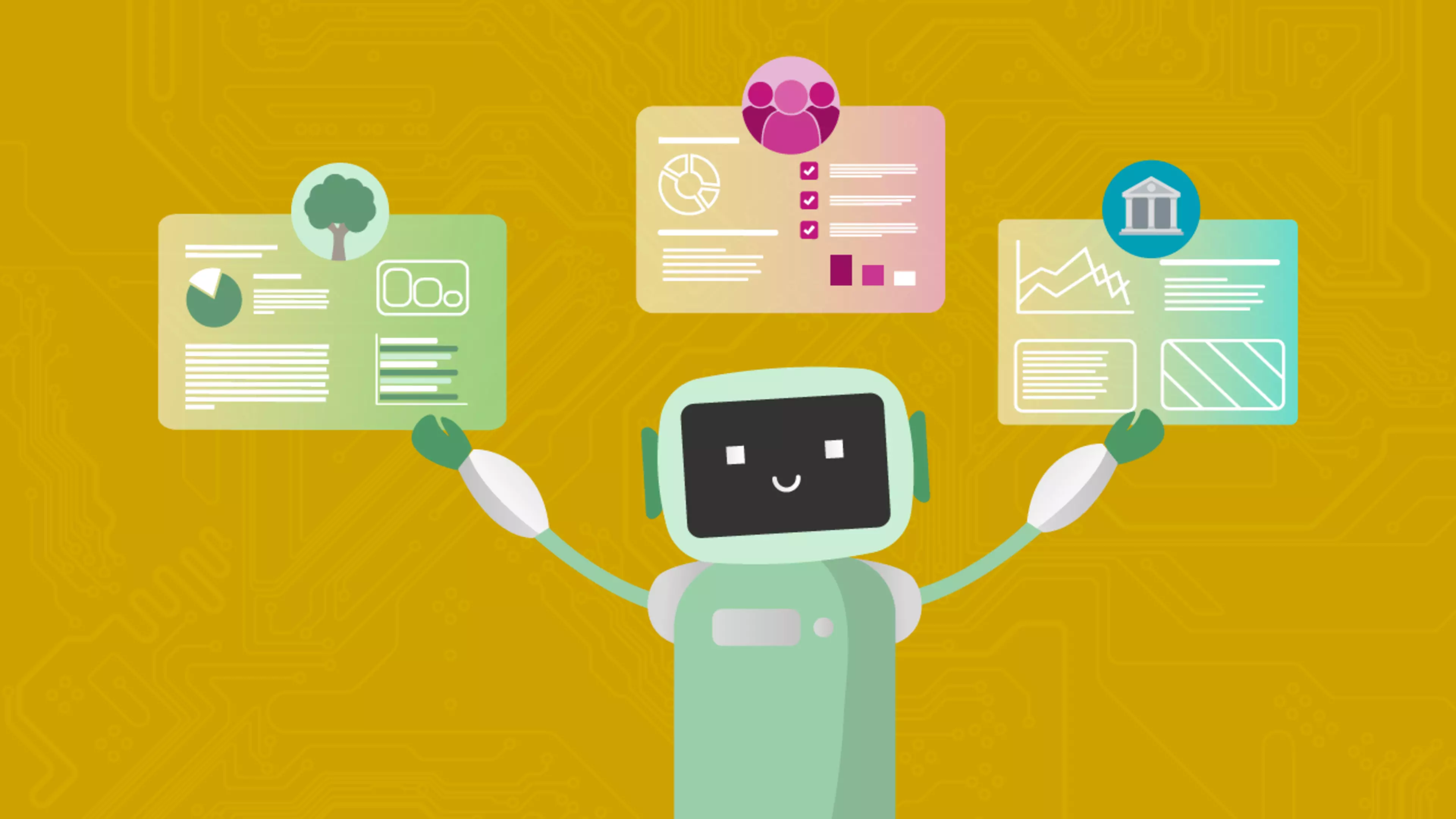 Illustration of a robot holding three floating infographics on environment, society, and economy.