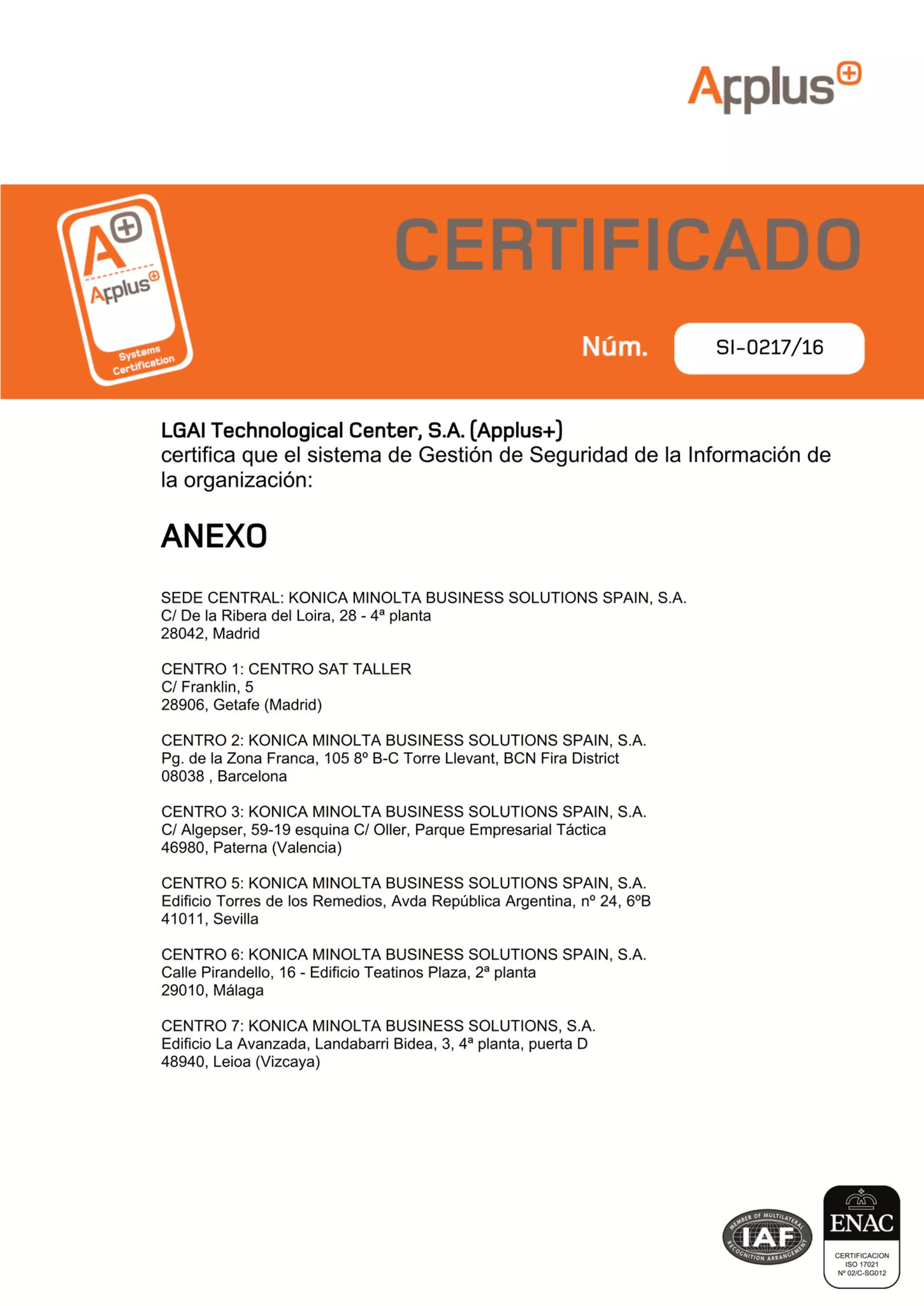 Certificado emitido para Konica Minolta para la norma ISO/IEC 27001:2022 con caducidad en 2028, pág. 2
