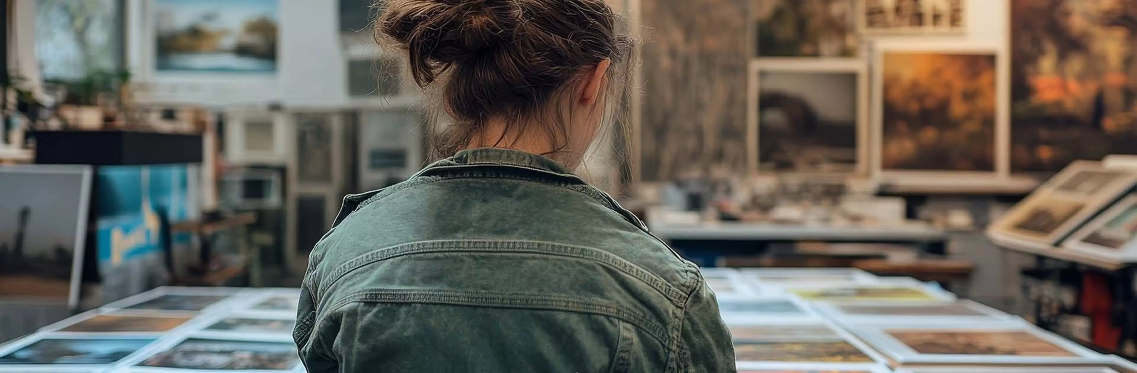 Junge Person vor ausgedruckten Bildern