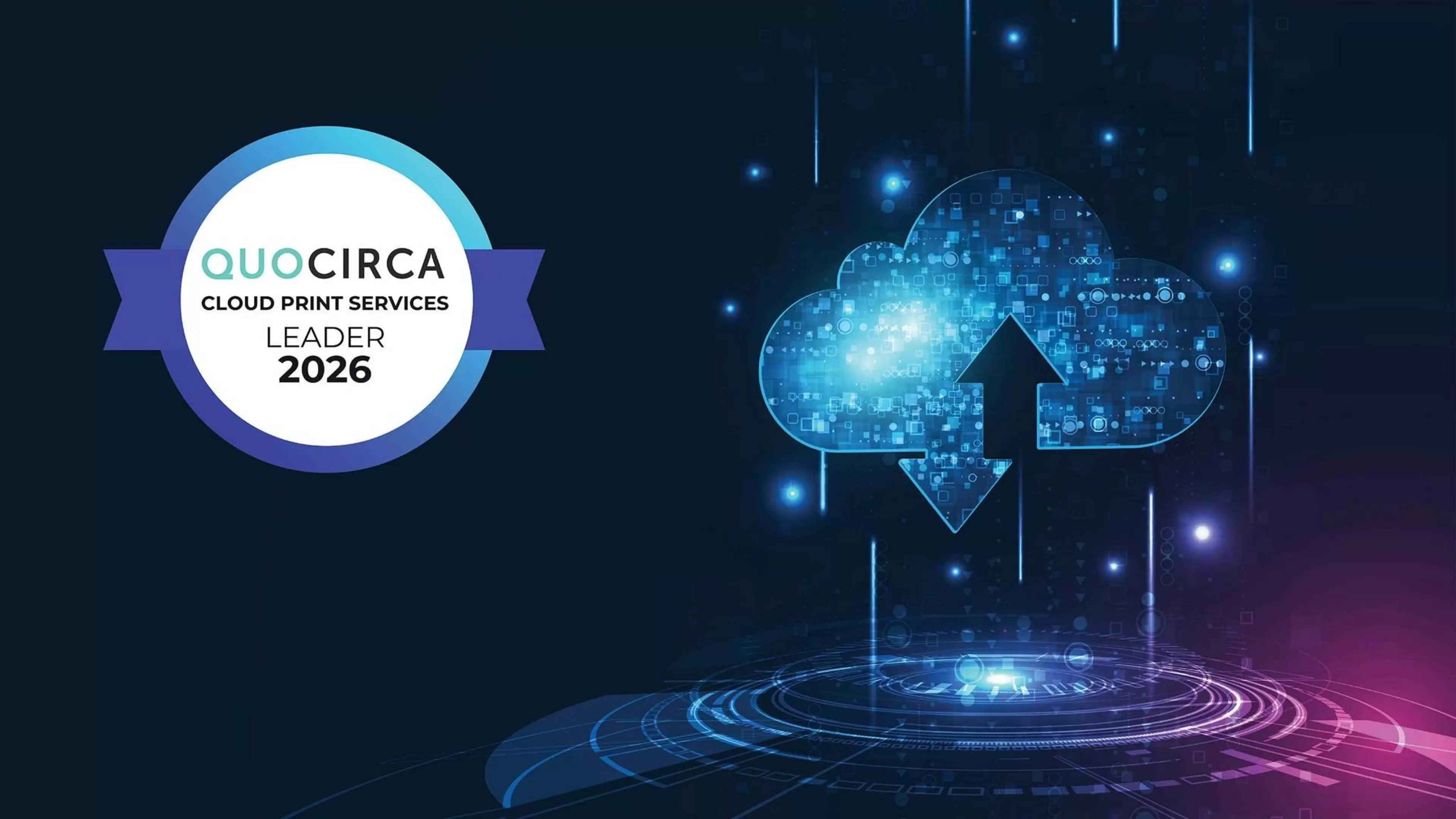 Imagen digital de una nube en la que se carga información. Sello de Quocirca.