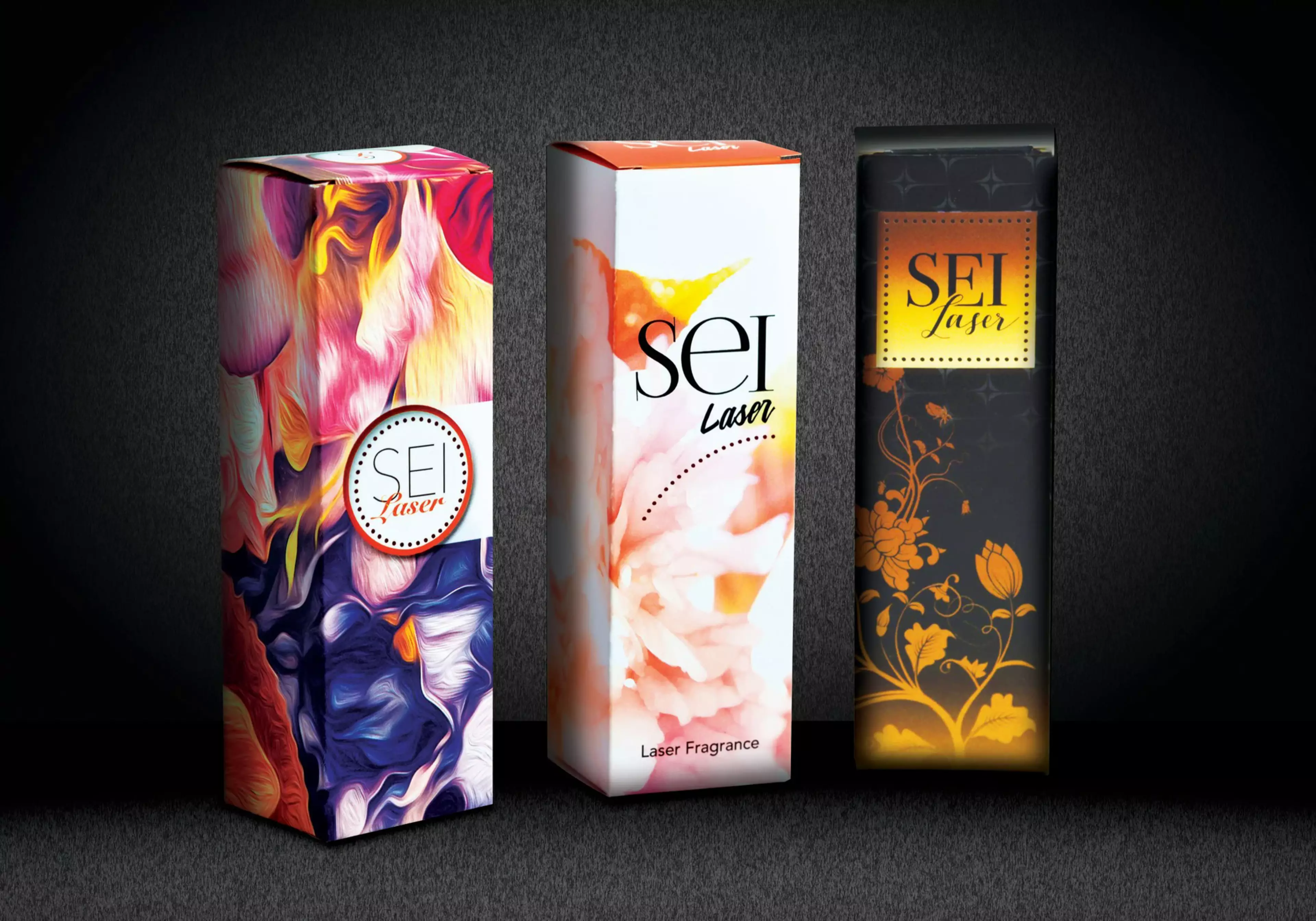 Tres cajitas de cosméticos impresas con una MGI JETVarnish de Konica Minolta