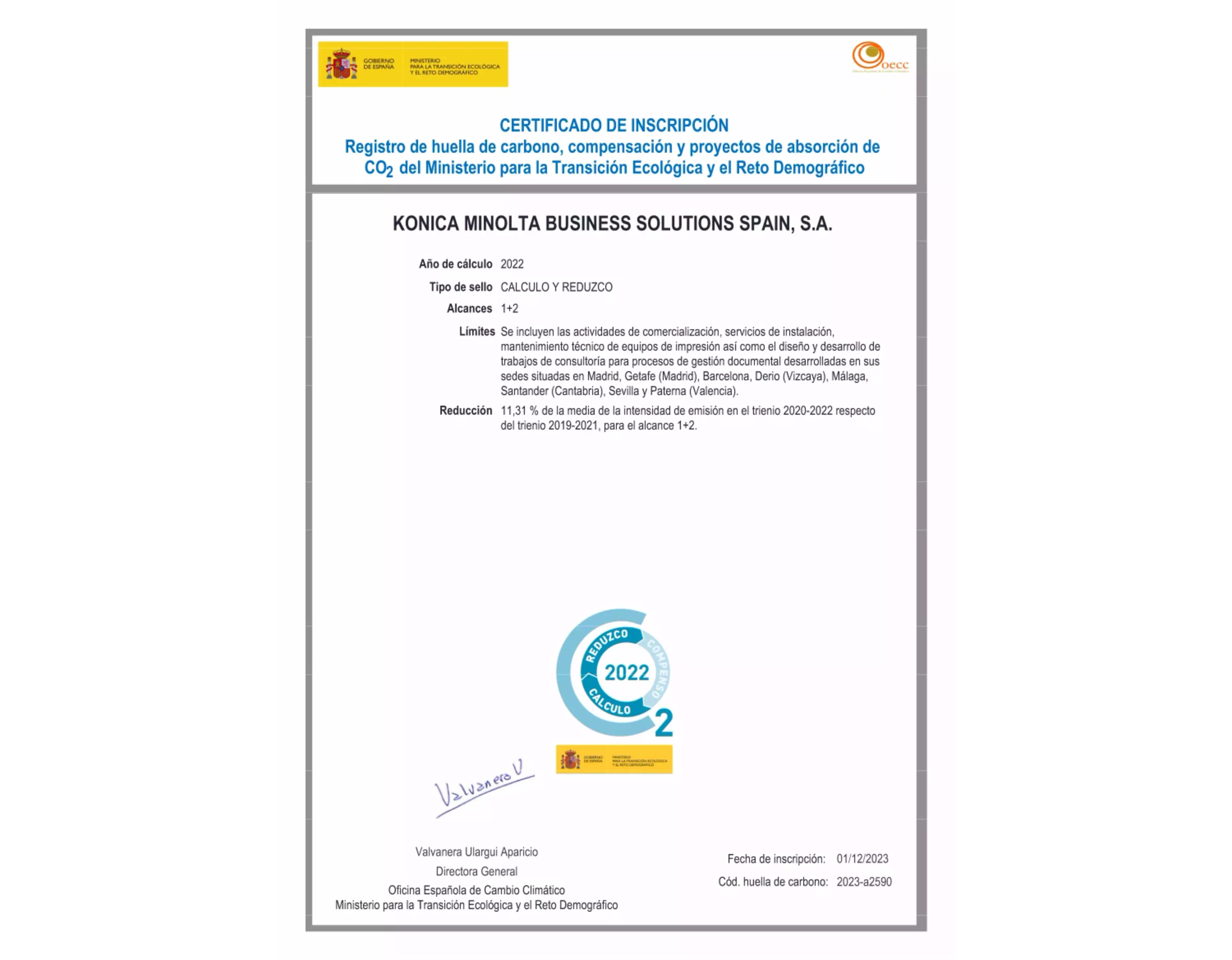 Certificado calculo y reduzco Huella de Carbono del Ministerio de Transición Ecológica y reto demográfico