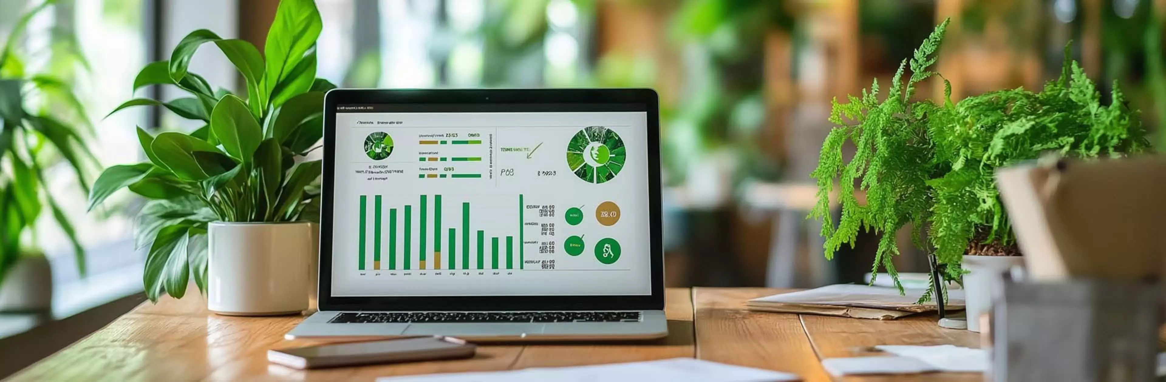 Laptop mit grüner Nachhaltigkeits-Dashboard-Grafik auf einem Holztisch in einem modernen Büro mit vielen Zimmerpflanzen – symbolisiert Umweltbewusstsein, Datenanalyse und nachhaltiges Arbeiten im Büroalltag.