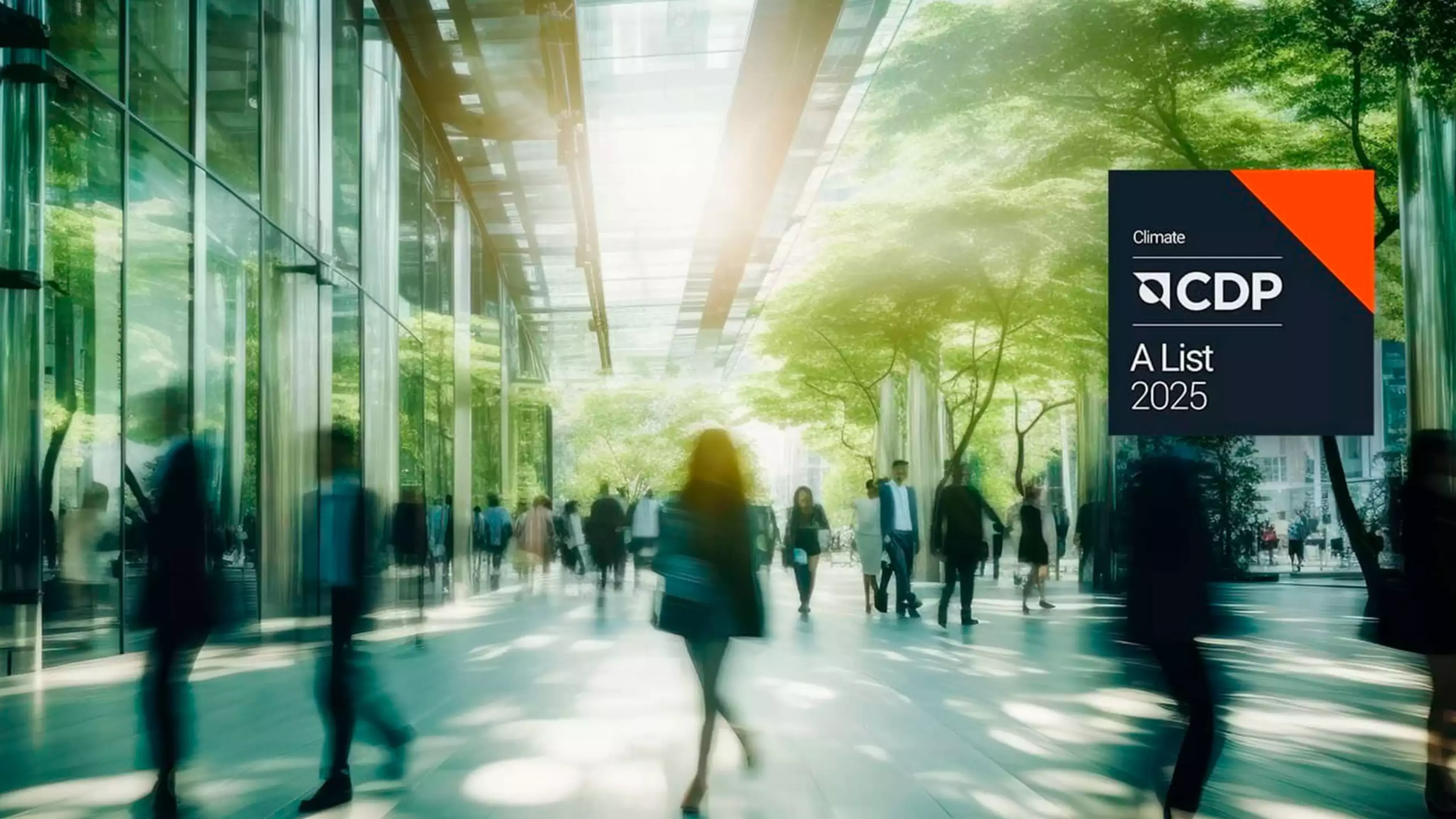 Personas caminando entre la ciudad y el bosque. El logotipo de CDP está sobreimpreso.