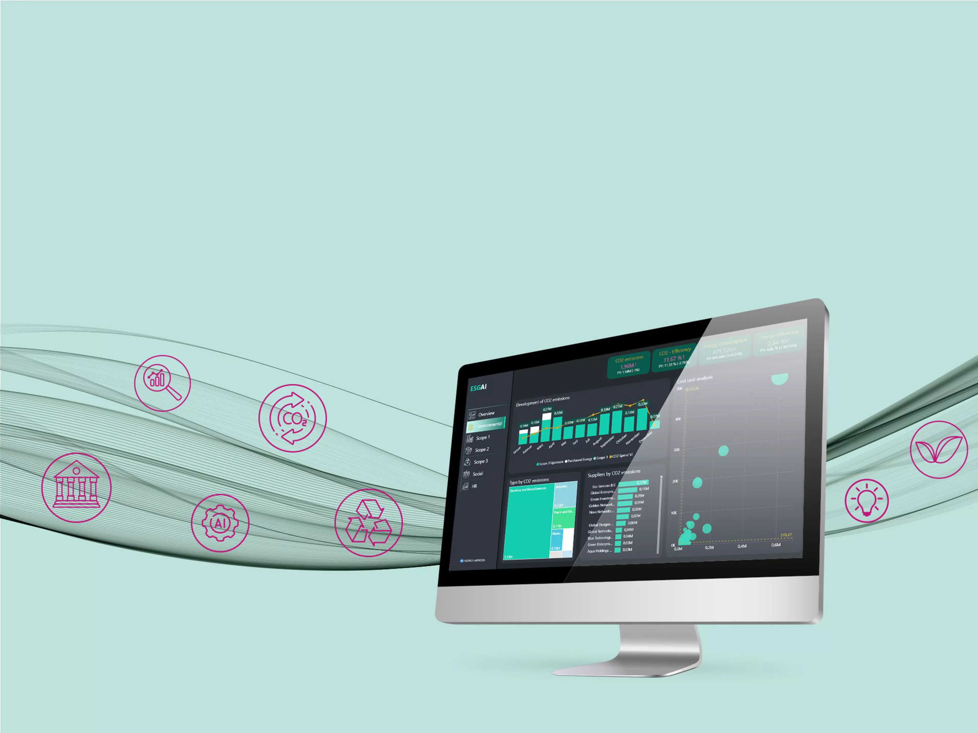 AI-powered ESG reporting dashboard shown on a monitor placed on green moss, illustrating sustainability-driven analytics and smart environmental reporting.
