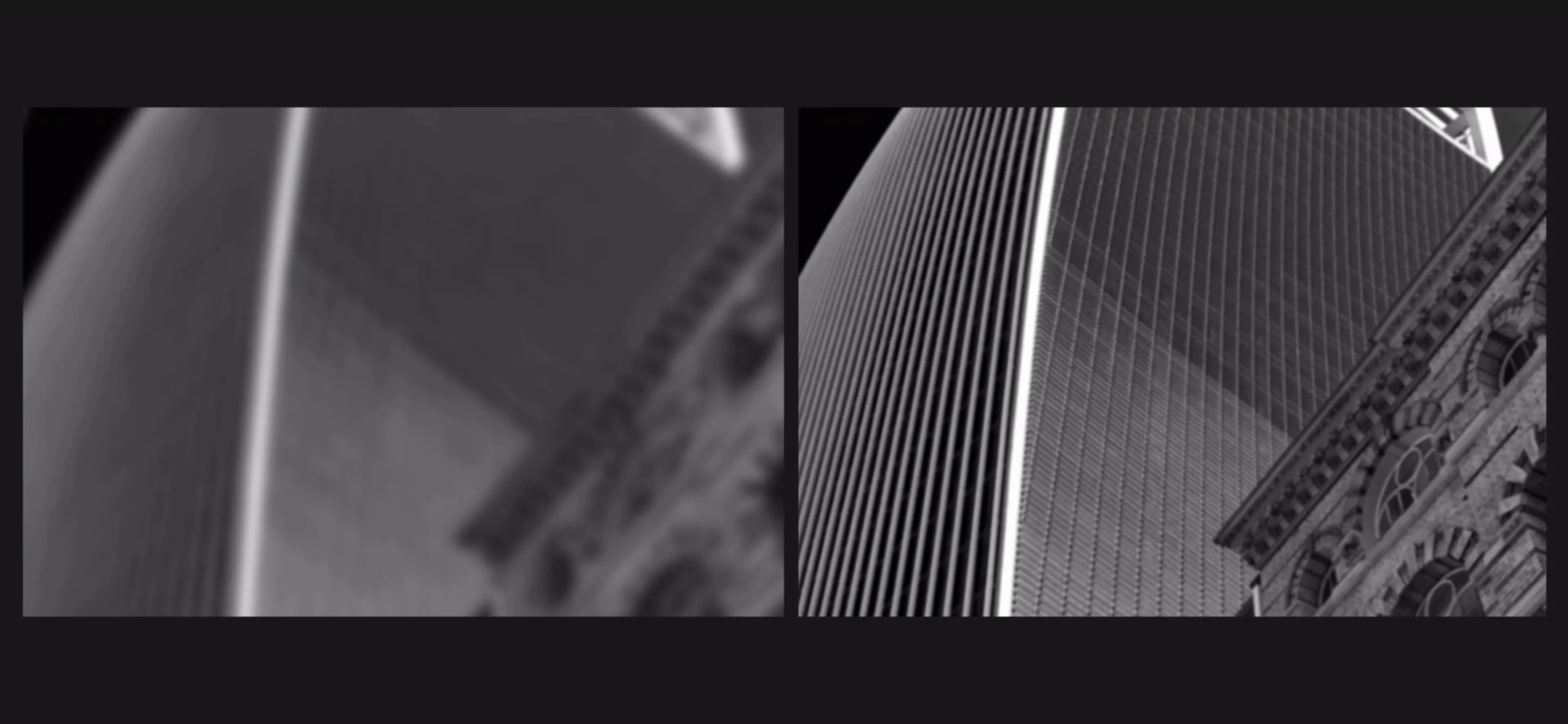 A reflected image with high sharpness and low quality sharpness as reflected on a painted surface