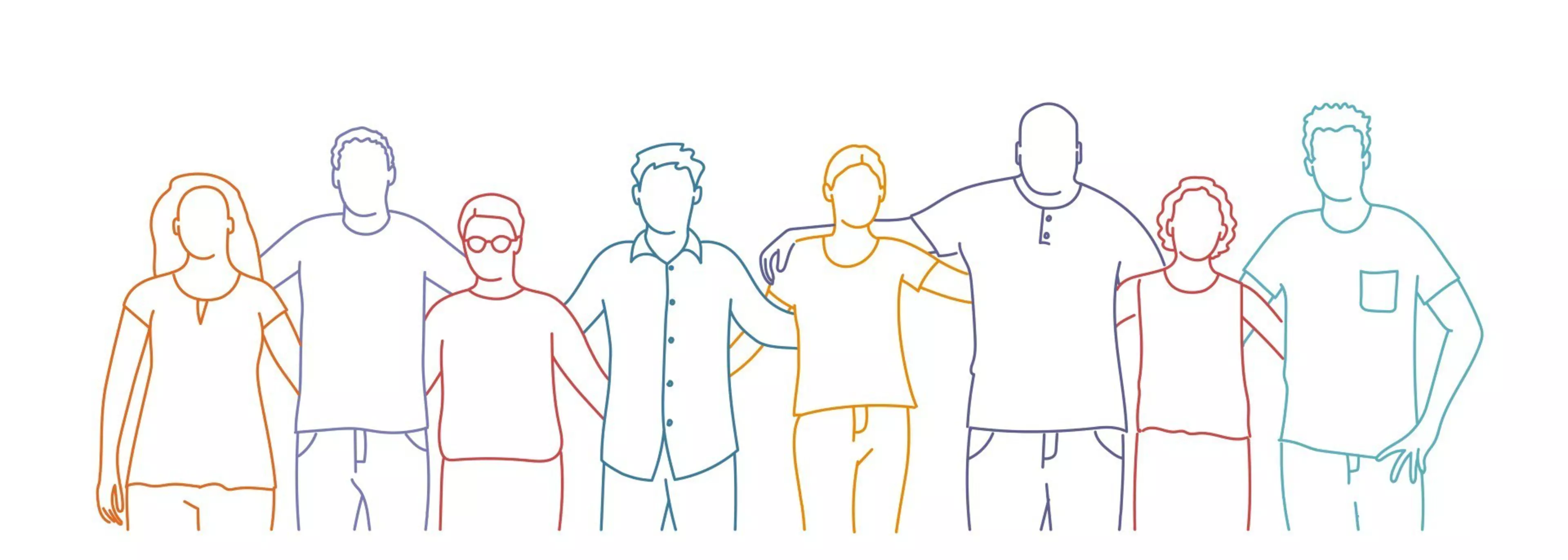 Eine minimalistische Linienzeichnung zeigt eine Gruppe von sieben Personen, die nebeneinander stehen und sich gegenseitig die Arme um die Schultern legen. Jede Figur ist in einer anderen Farbe gezeichnet (Orange, Dunkelblau, Rot, Hellblau, Gelb, Lila und Türkis). Die Gesichter sind ohne Details dargestellt, was den Fokus auf Gemeinschaft und Zusammenhalt legt.