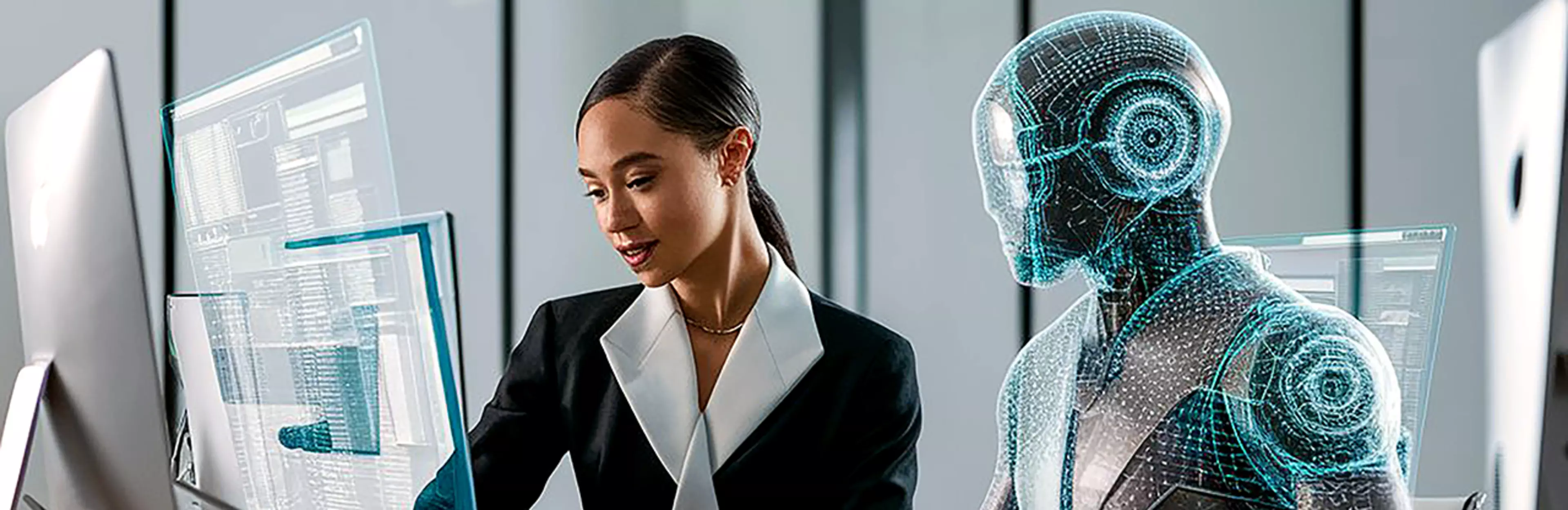 Nainen tekoälyn kanssa digityön parissa