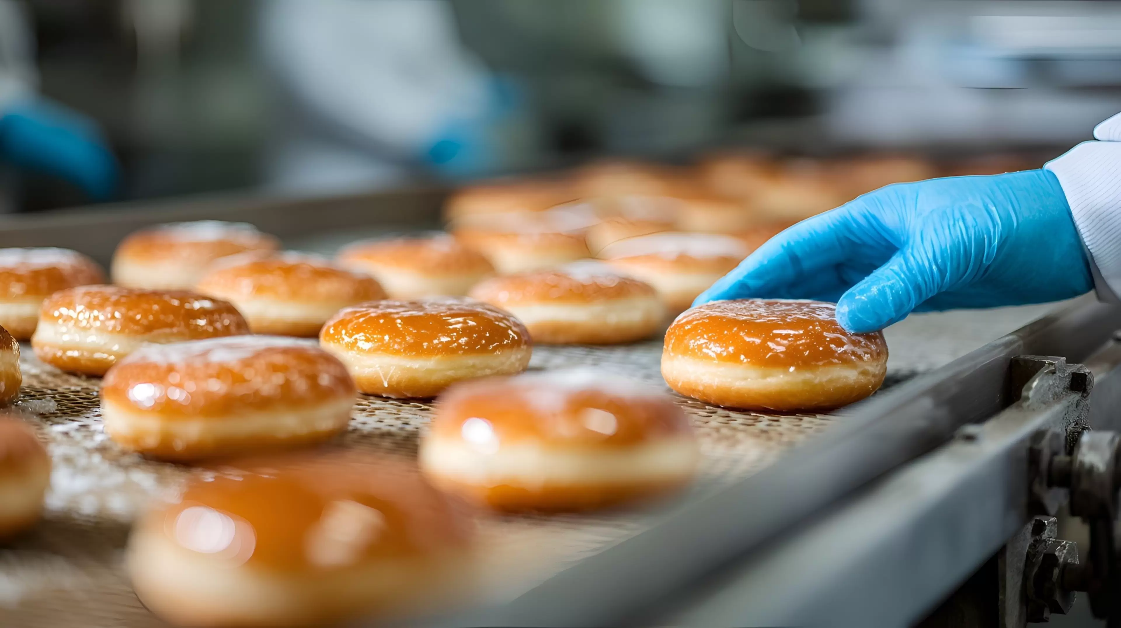 A factory worker in blue gloves inspects glazed donuts moving on a conveyor belt in a commercial food production facility environment..
A factory worker in blue gloves inspects glazed donuts moving on a conveyor belt in a commercial food production facility environment.