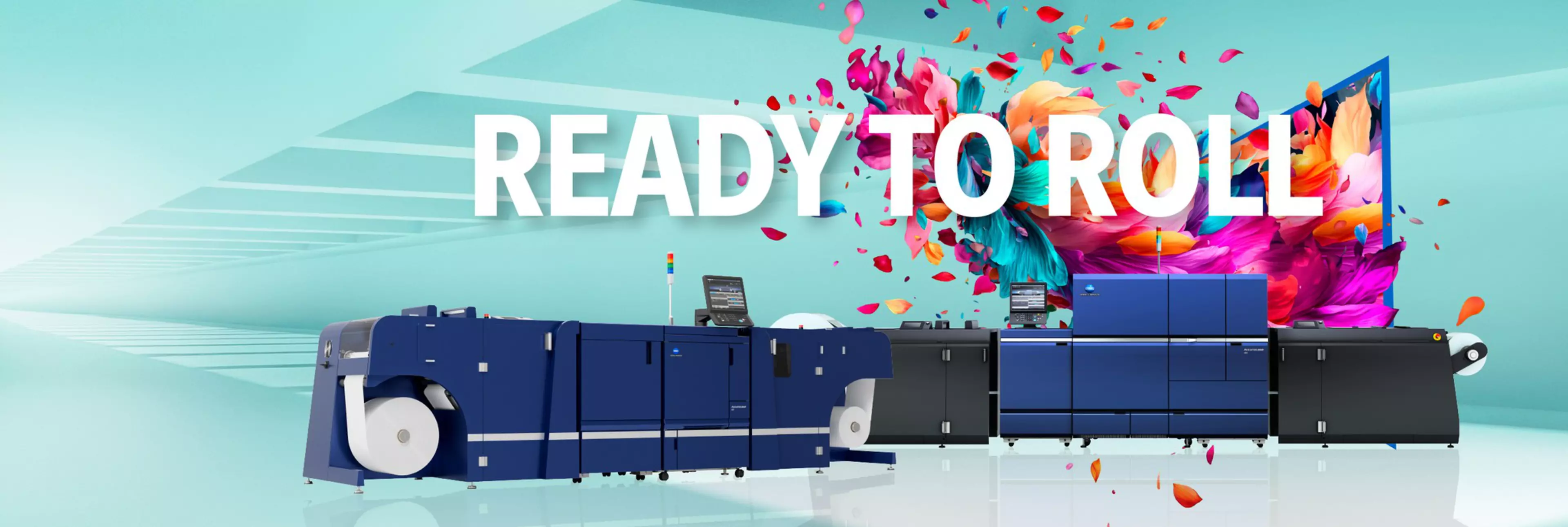 READY TO ROLL - Imprentas profesionales inkjet de Konica Minolta sobre una explosión de pétalos de brillantes colores