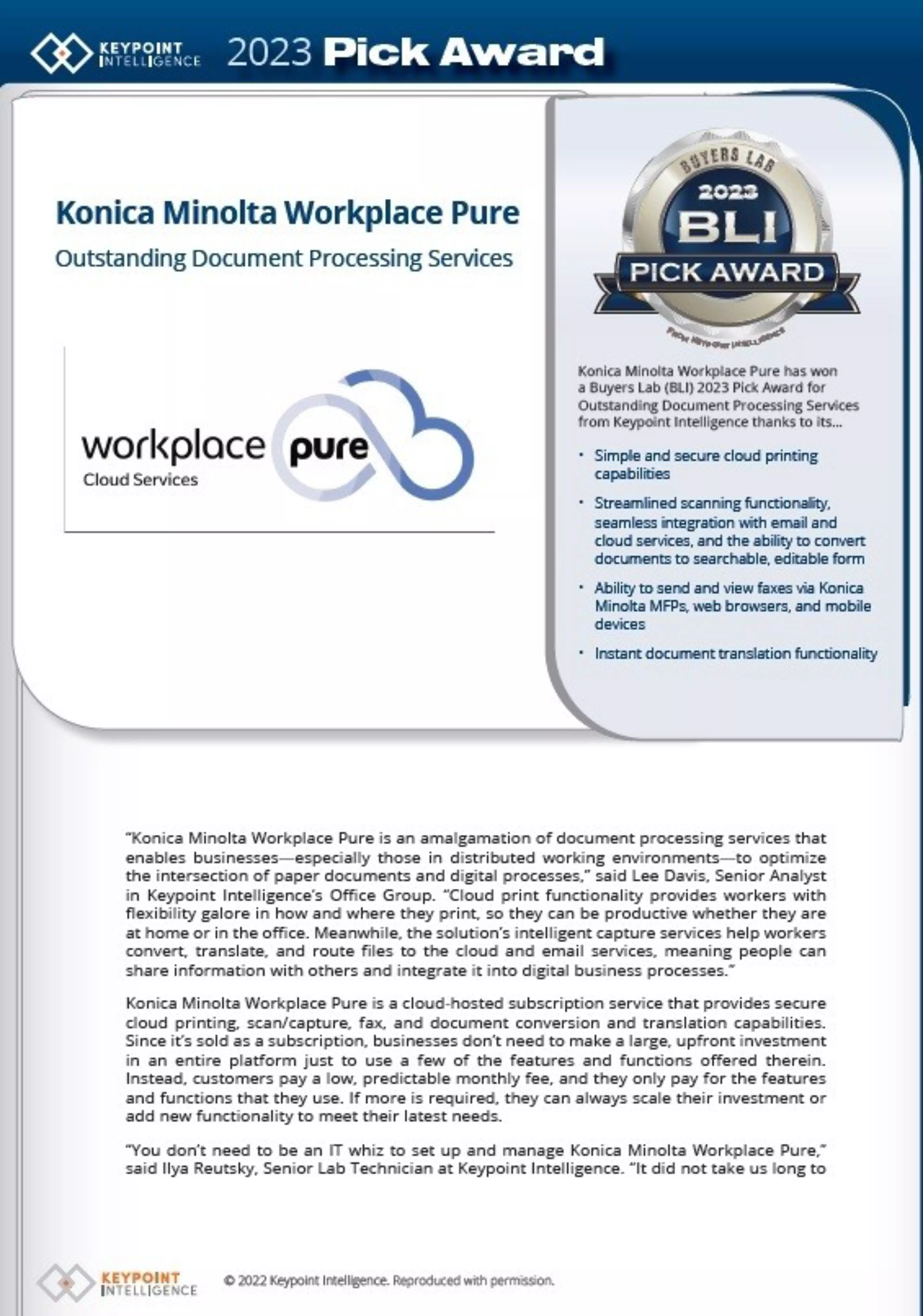 Konica Minolta’s Workplace Pure named winner of a BLI Pick Award for Outstanding Document Processing Services