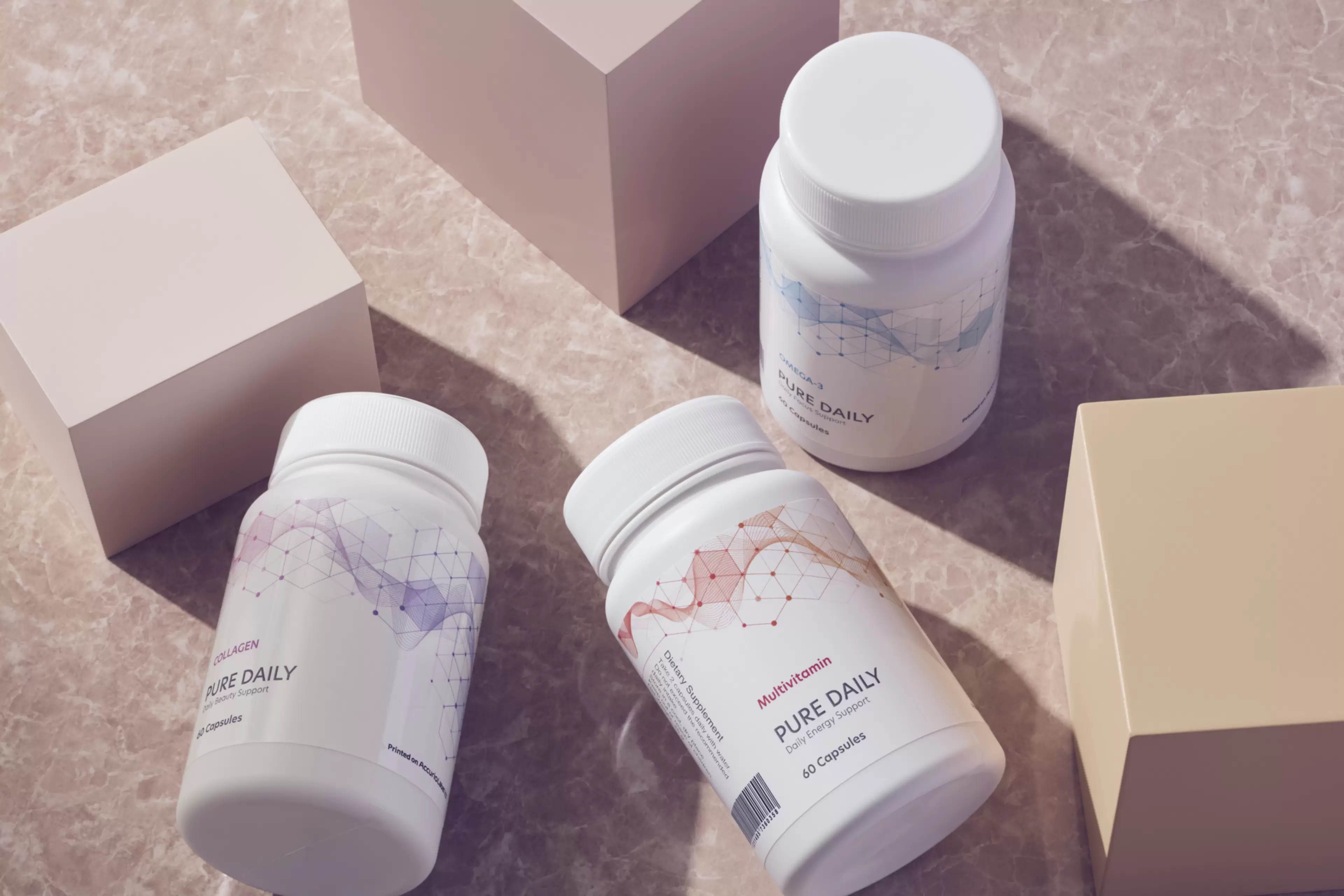 Dietary supplement bottles with minimalist packaging displayed on a neutral beige background