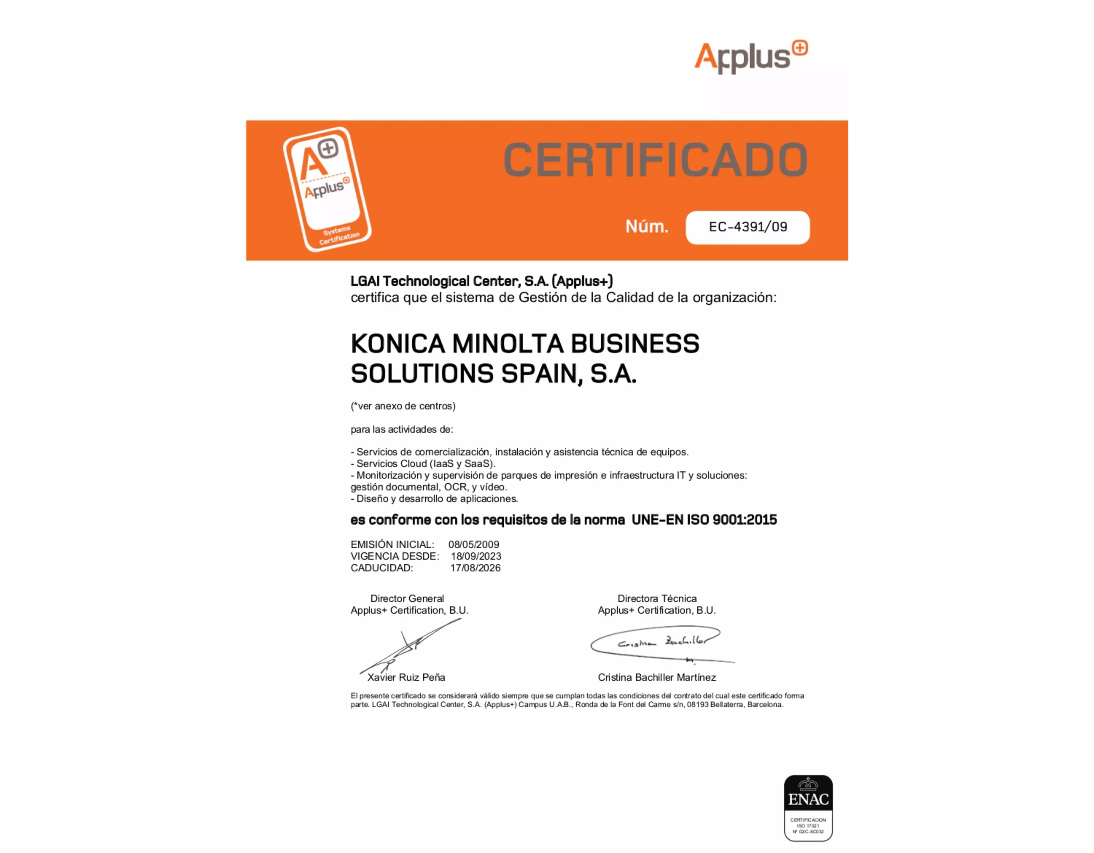 Certificado norma UNE-EN ISO 9001:2015