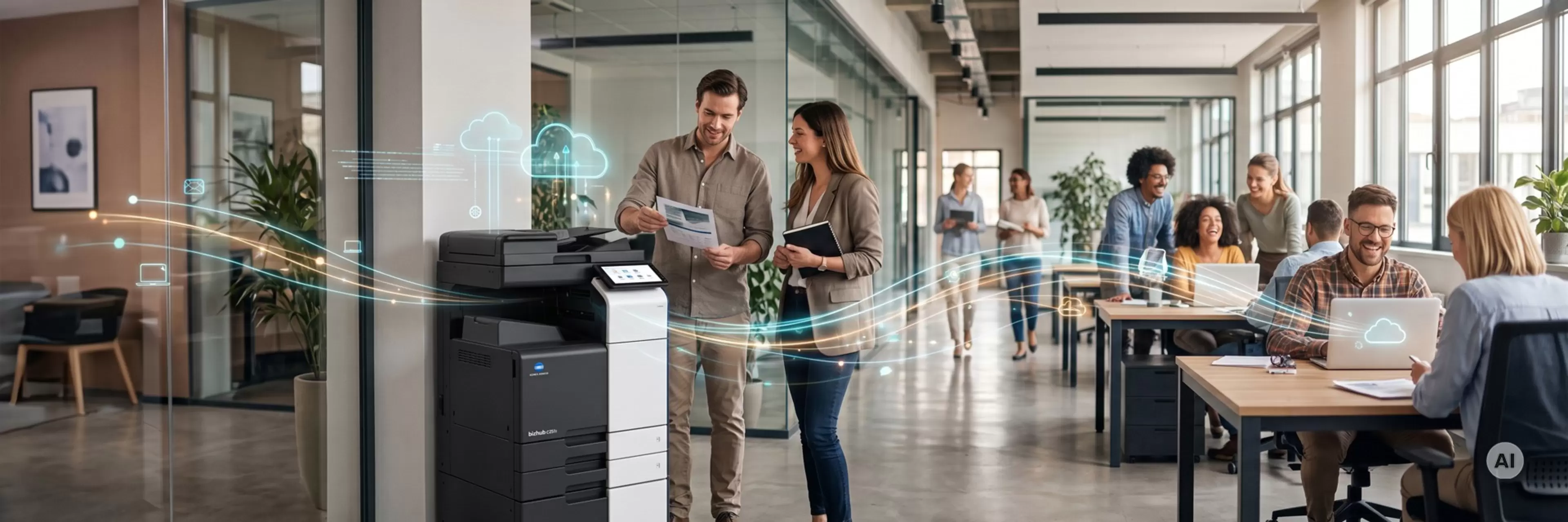 Konica Minolta bizhub C251i multifunkcijski tiskalnik v sodobni pisarni z zaposlenimi in digitalnimi elementi povezljivosti v oblak.