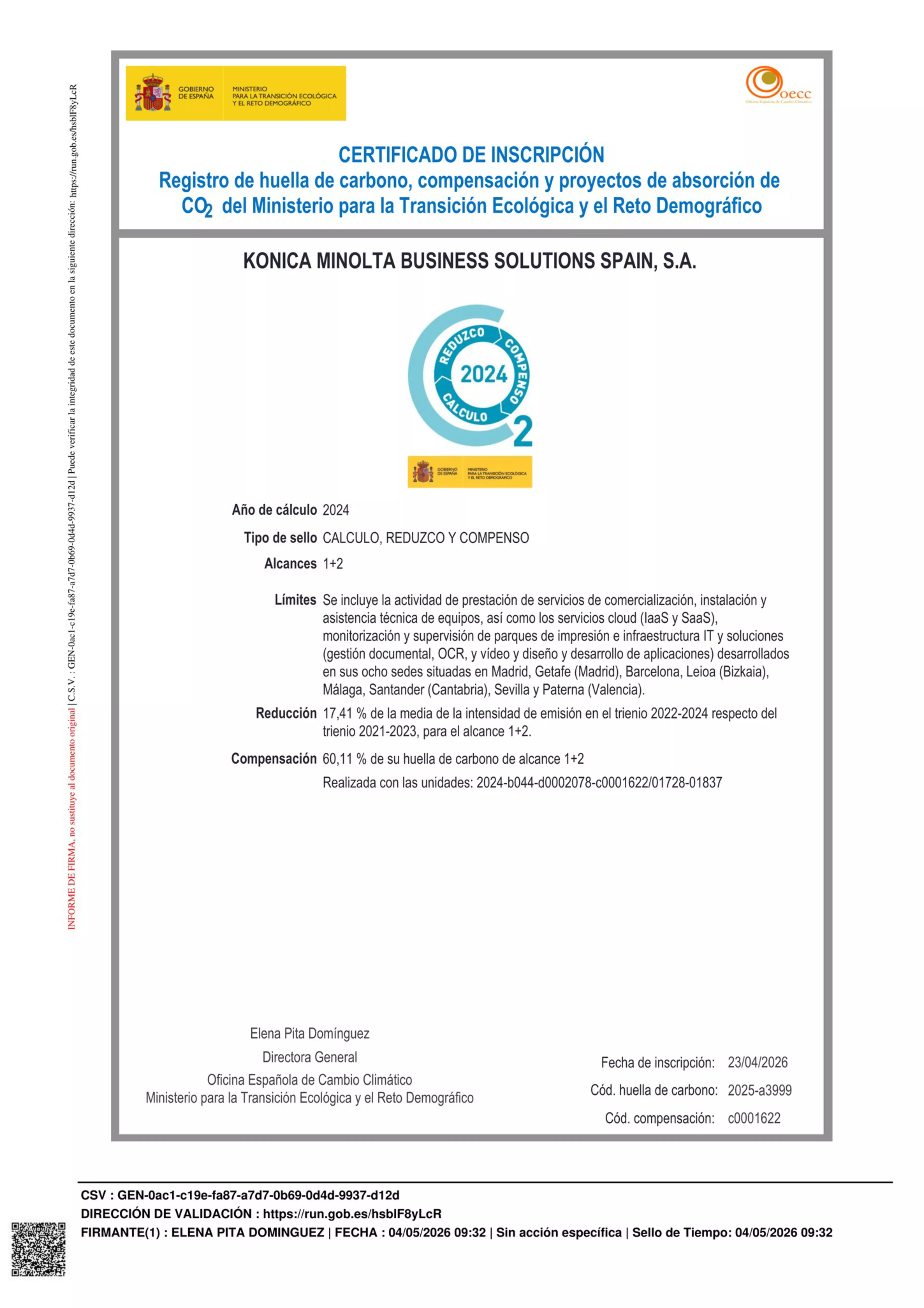 Certificado Calculo, Compenso, Reduzco 2024 de Konica Minolta emitido por el MITERD, inscripción en 2026