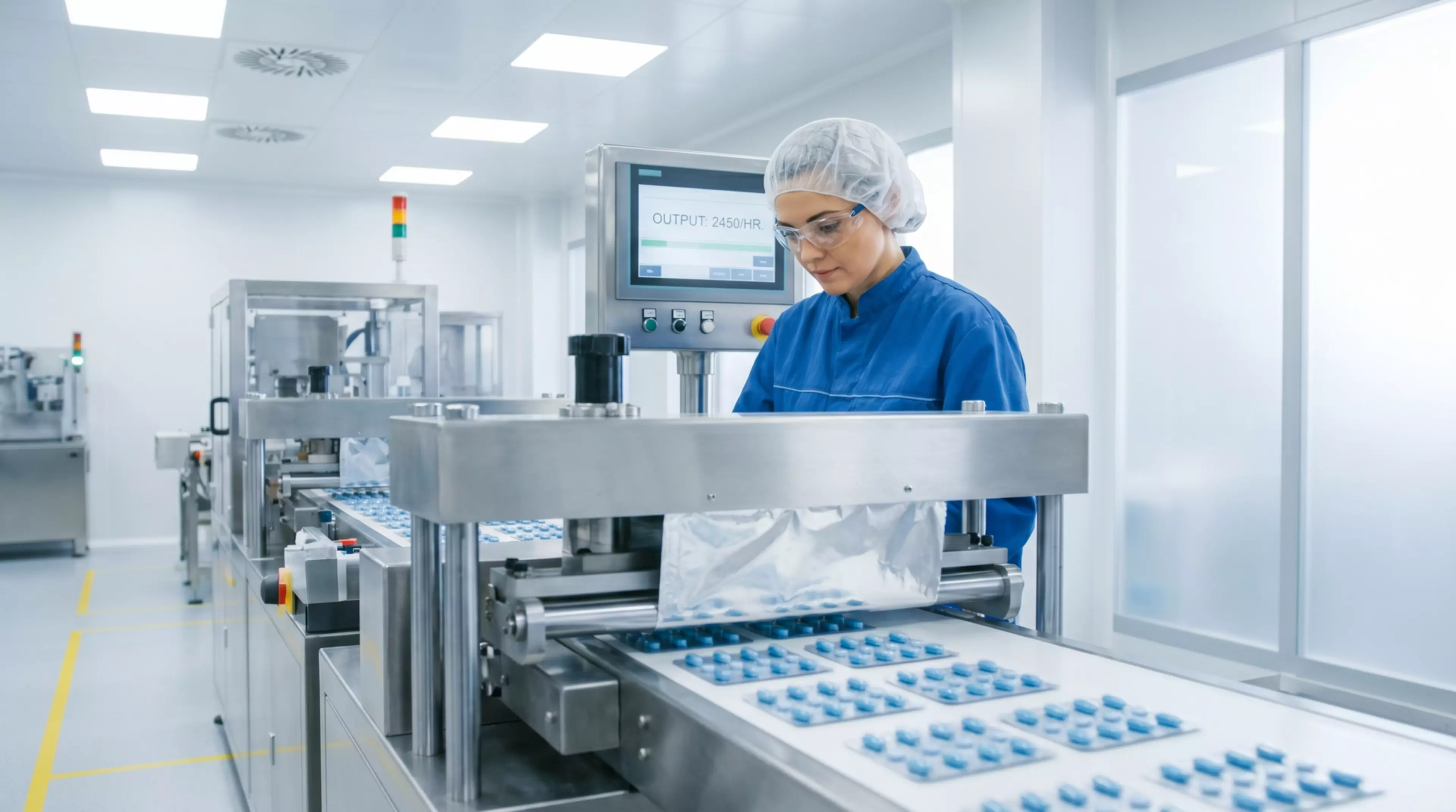 A row of pharmaceutical packaging machines sealing foil over white pill blister packs in a modern sterile facility, yellow safety markings o 2
pharmaceutical, packaging, machines, sealing, foil, blister packs, white pills, modern, sterile, facility, yellow, safety markings, production line, automation, healthcare, industry, technology, equipment, manufacturing, quality control, hygiene, efficiency, workspace, machinery, pharmaceuticals, drug packaging, cleanroom, safety, innovation, design, process, supply chain, logistics, sterile environment, compliance, engineering, pharmaceutical industry, blister packaging, packaging technology, production facility, safety standards, operational efficiency, medical packaging, factory, assembly line, product safety, packaging solutions, industrial automation, quality assurance