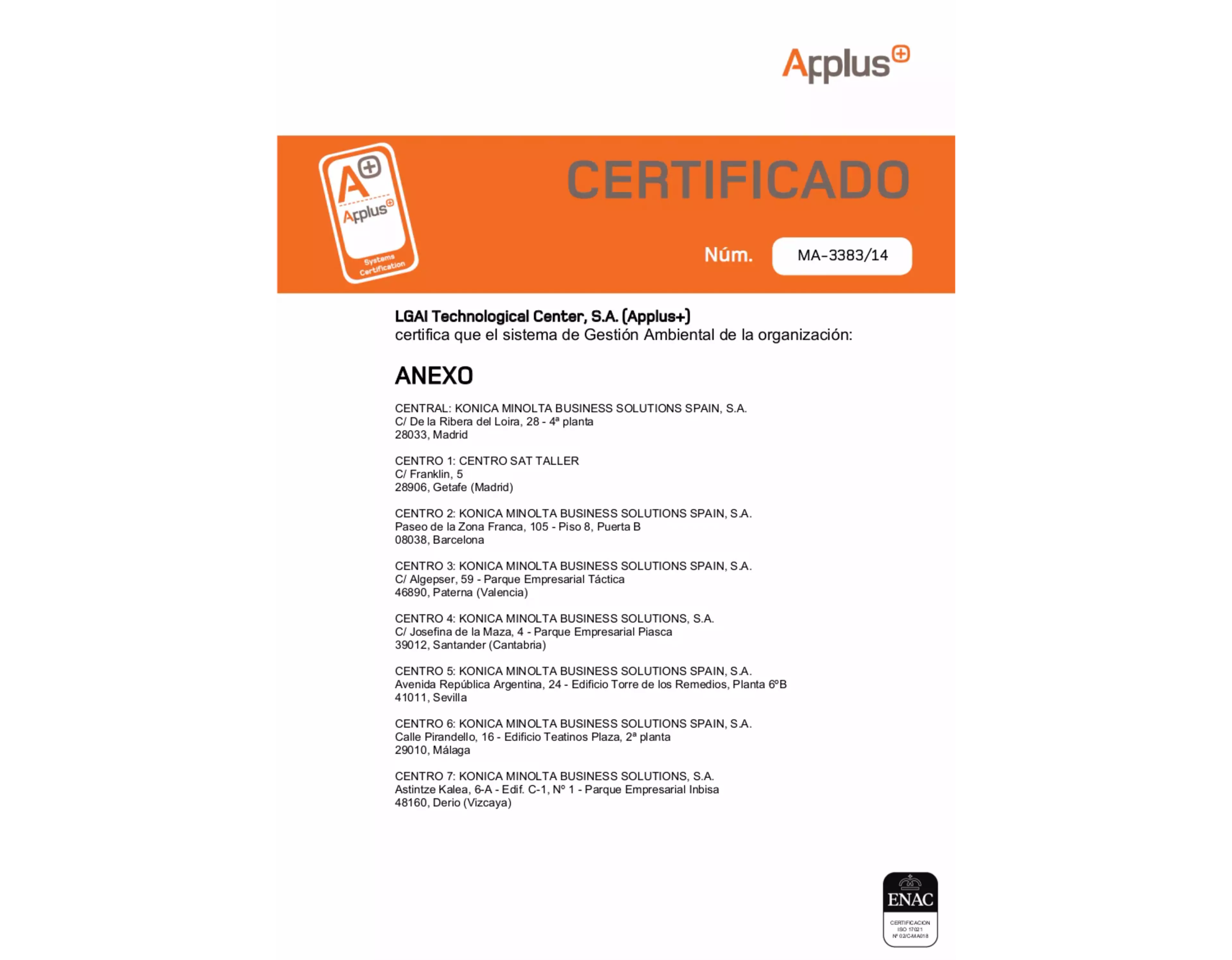 Certificado norma UNE-EN ISO 14001:2015