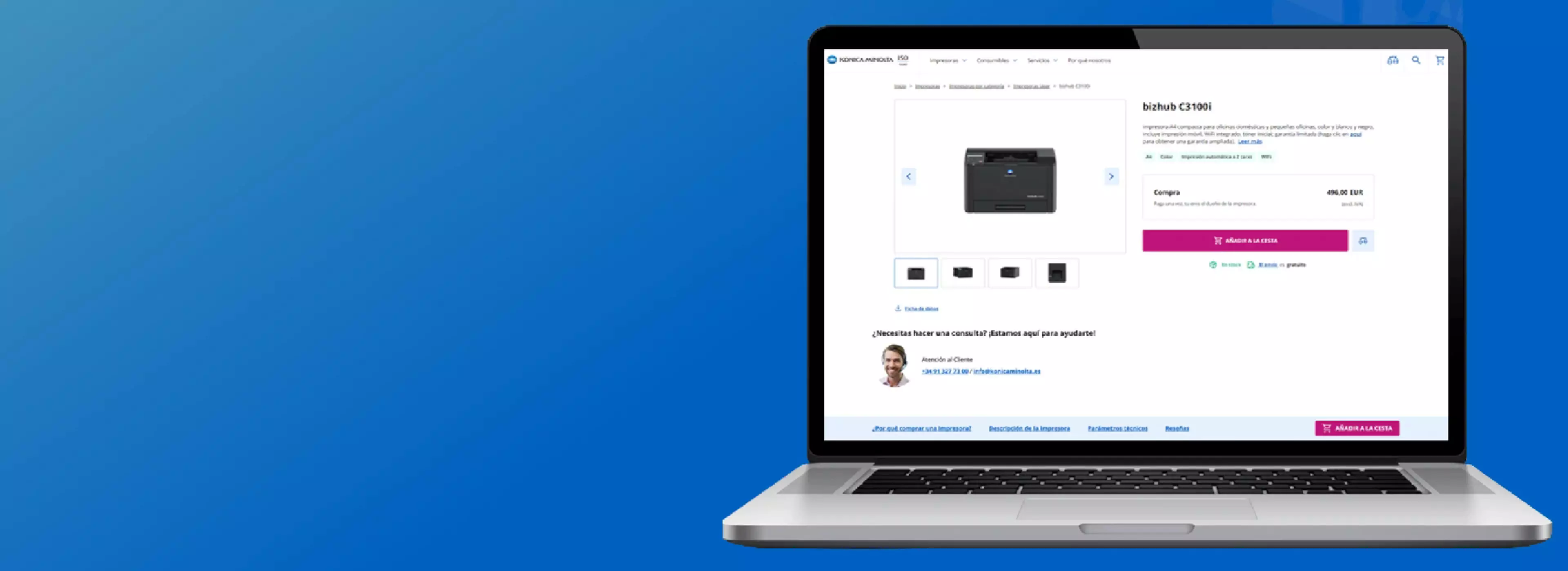 Ordenador portátil con la tienda de Konica Minolta en pantalla