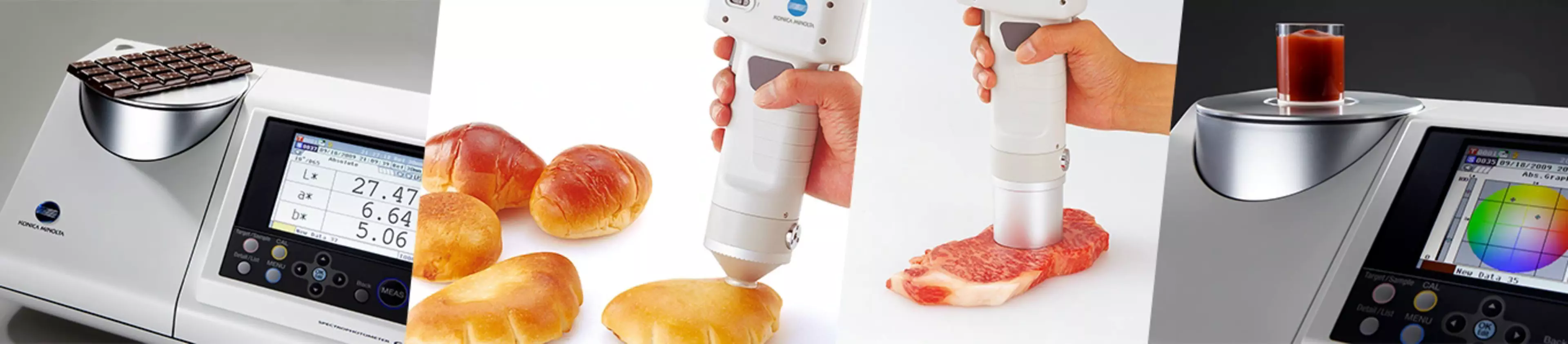 Images of food samples being colour measured by benchtop and portable colorimeters