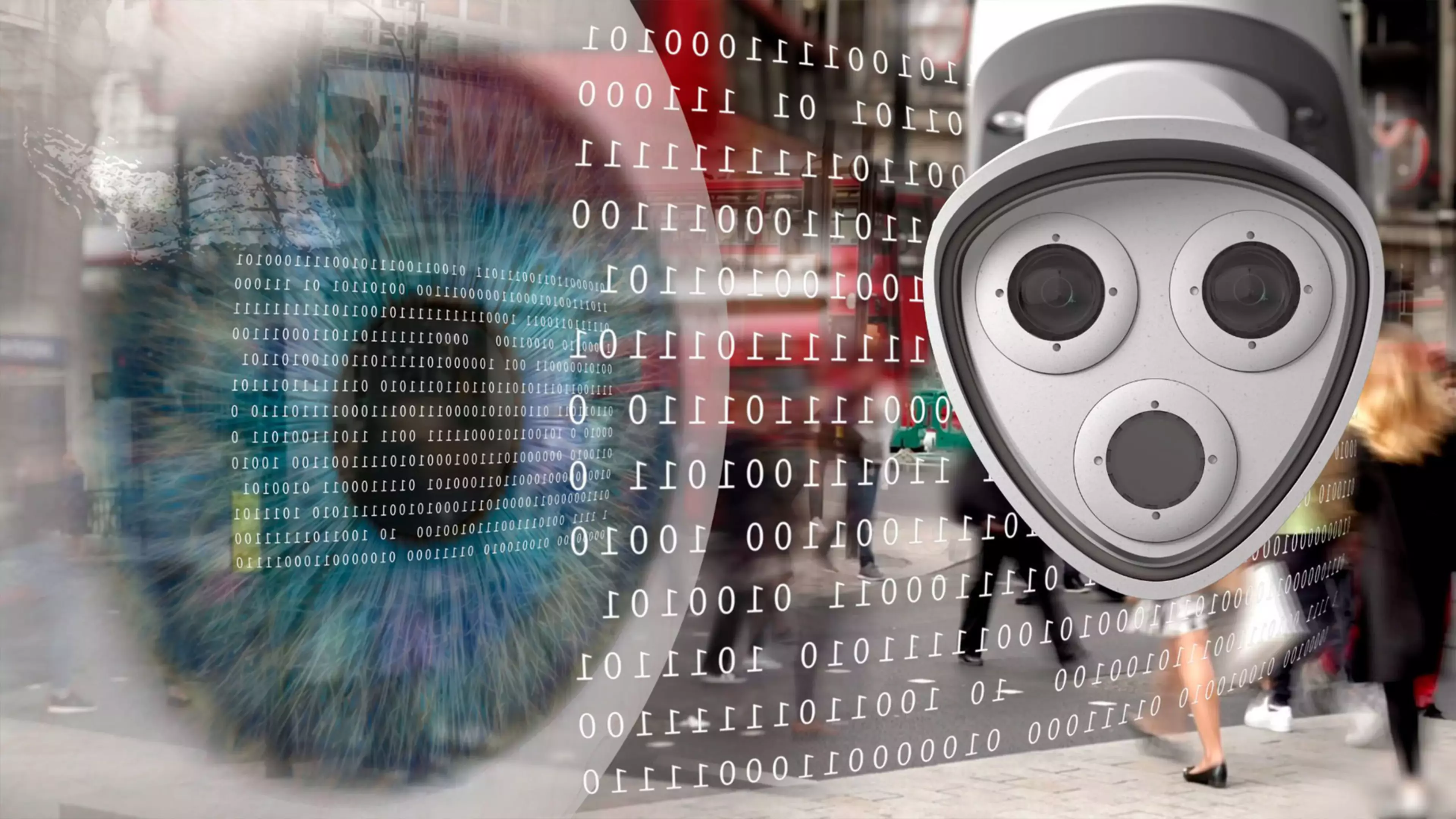 Una cámara de videovigilancia Mobotix de Konica Minolta sobreimpresa en una imagen de un ojo vigilando una pantalla con datos hexadecimales y personas andando por la calle