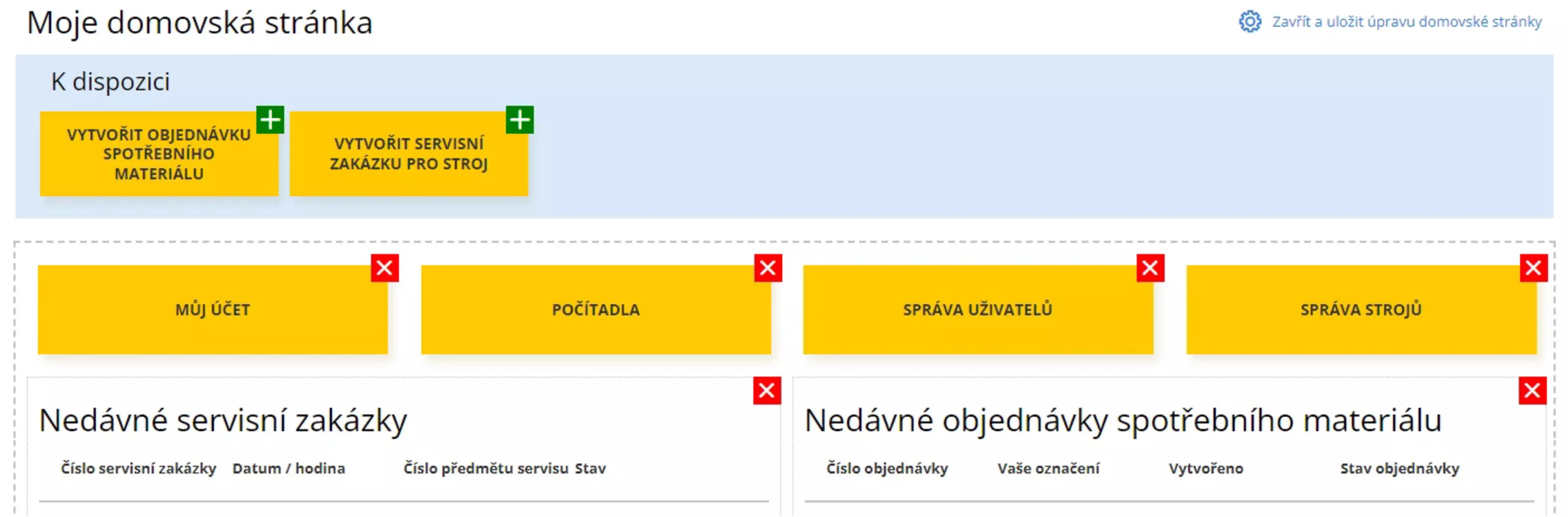 Screenshot z Konica Minolta Portálu - nastavení domovské stránky