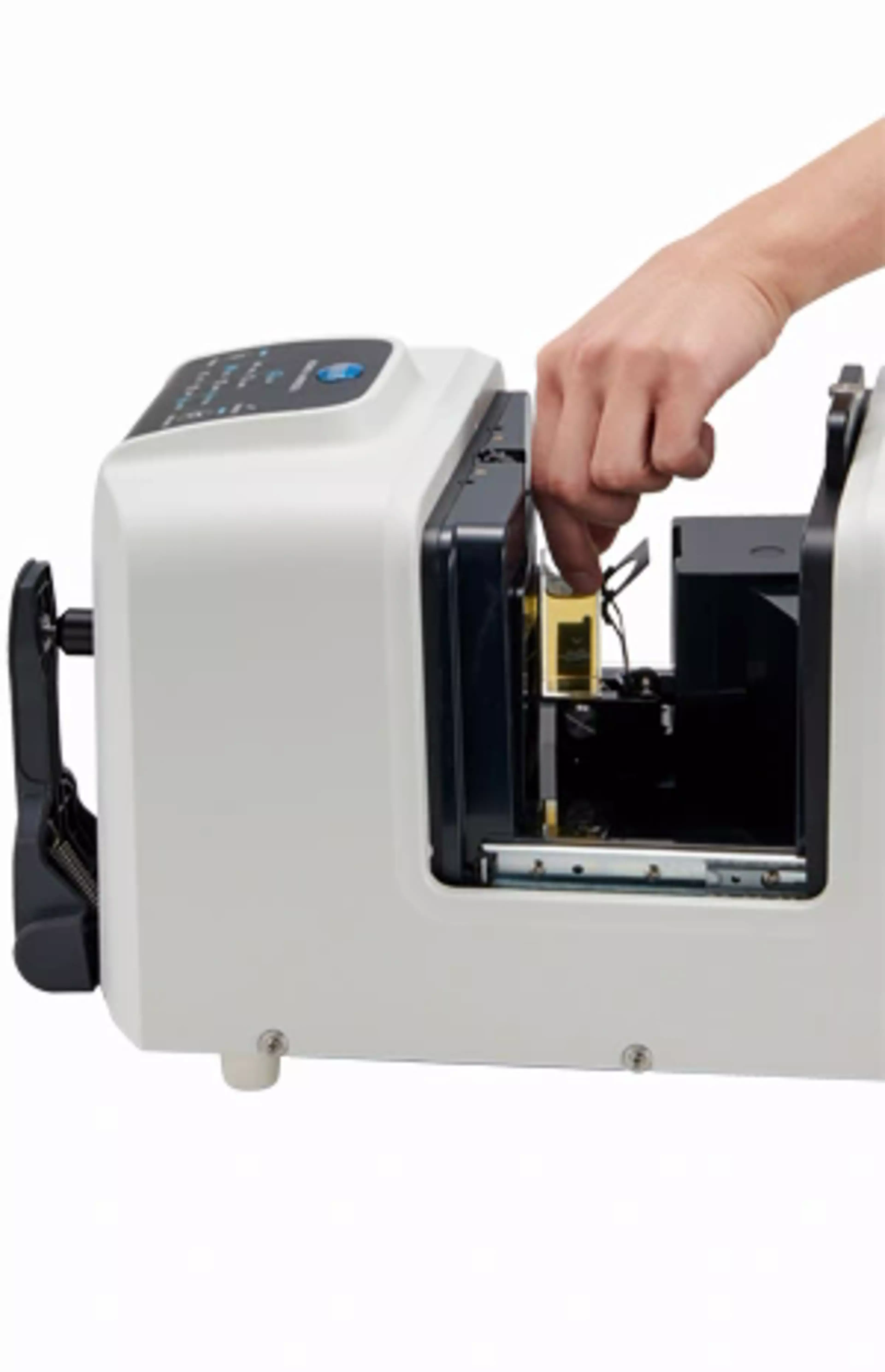 The colour of a transmissive yellow liquid measured in a benchtop spectrophotometer 