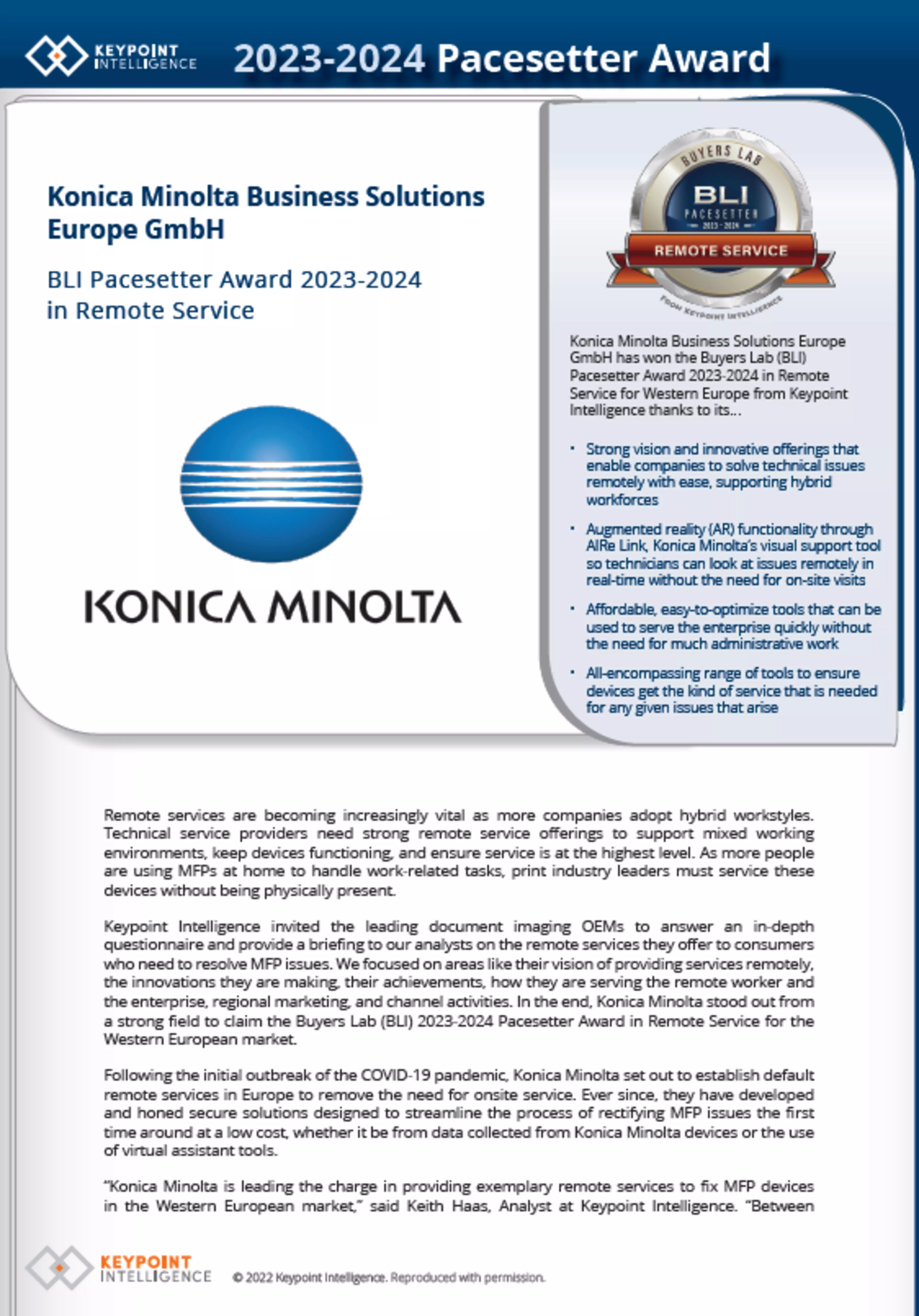 Konica Minolta recognised as a leader in Remote Service