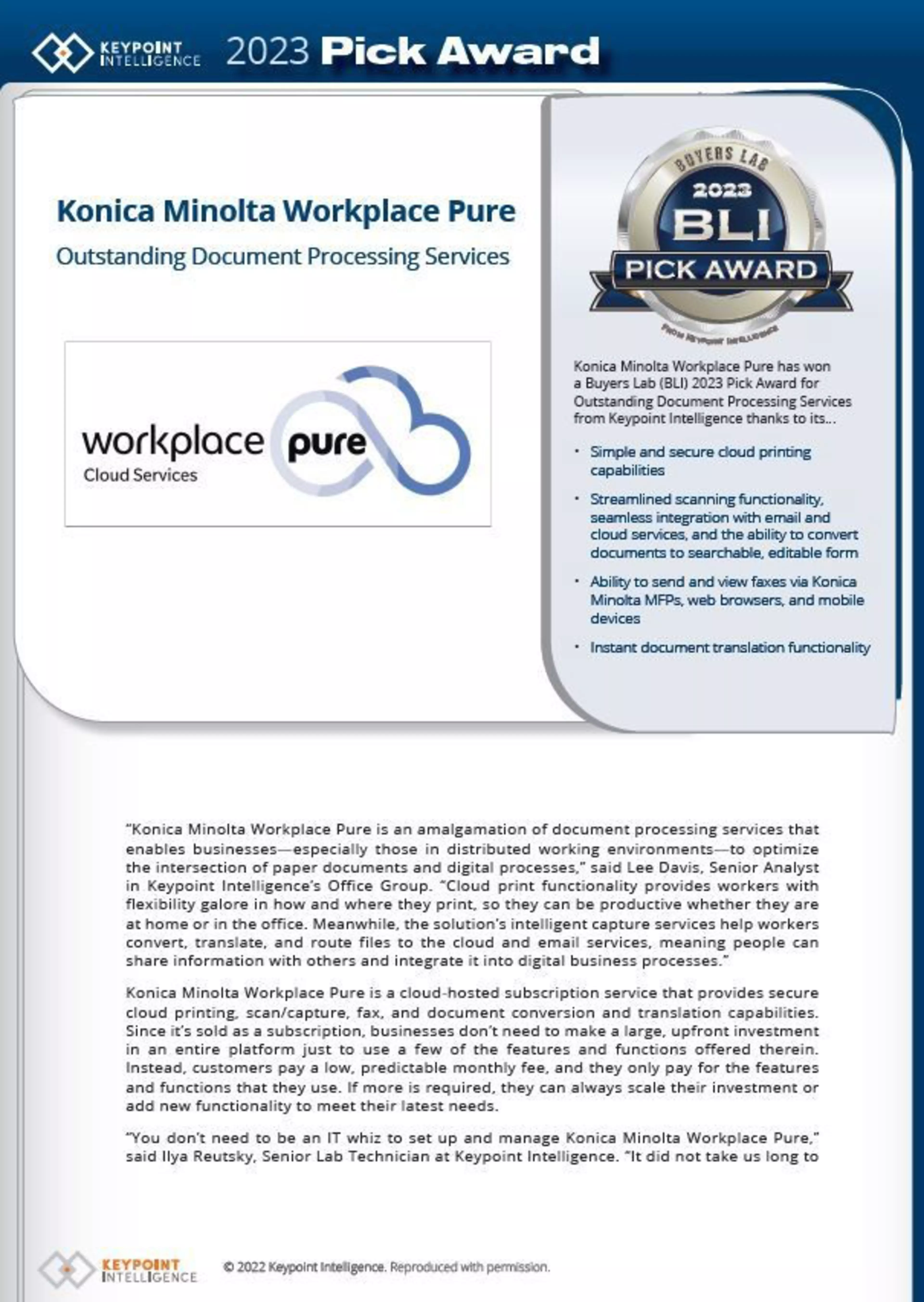 Platforma Workplace Pure premiată cu BLI Pick Award pentru serviciile de procesare a documentelor