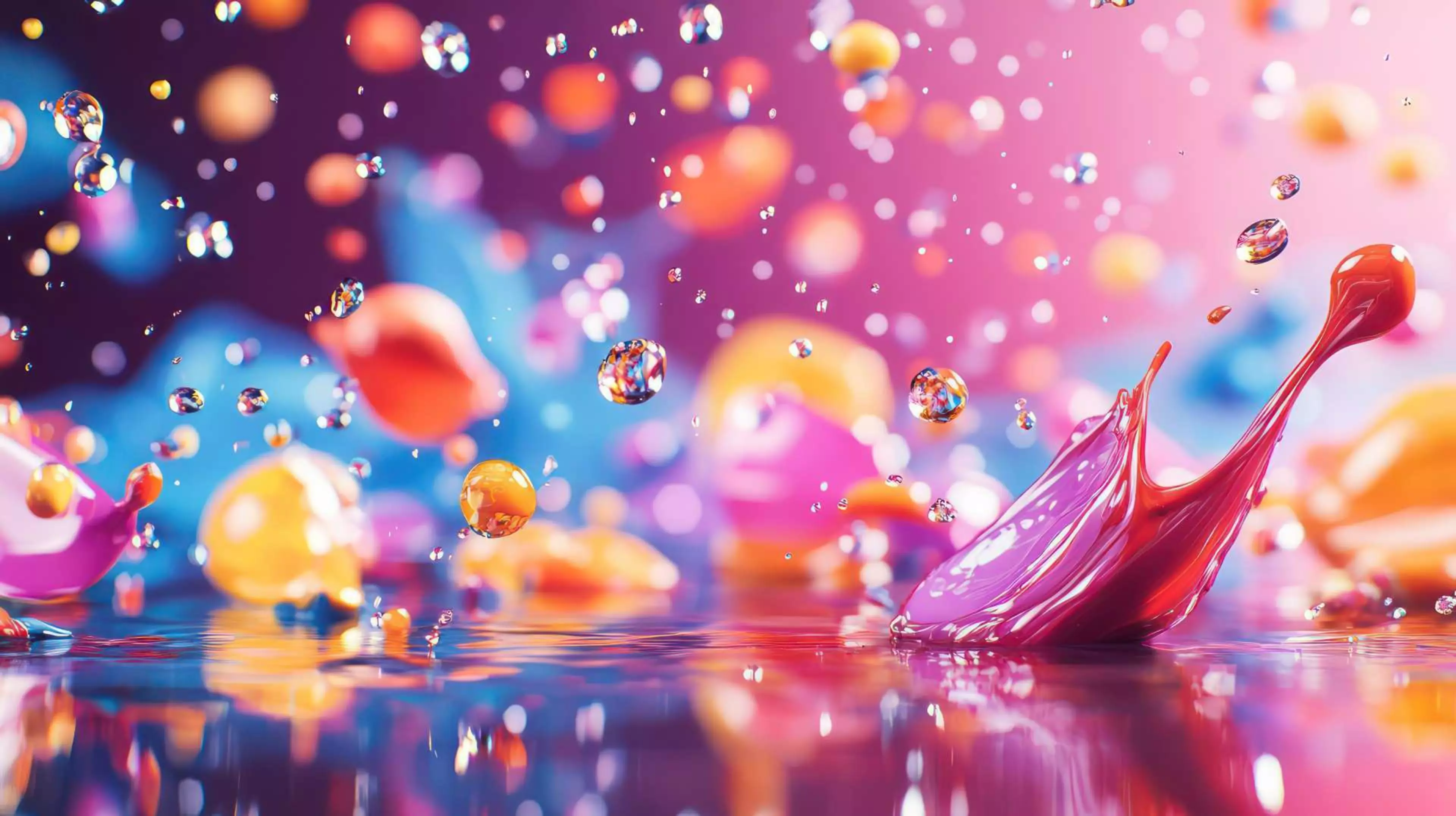 Eine Makroaufnahme von schwebenden, schillernden Wassertropfen über einer glänzenden Oberfläche mit Reflexionen. Ein ausgeprägter, detaillierter Spritzer aus magentafarbener und oranger Flüssigkeit erhebt sich auf der rechten Seite. Der Hintergrund ist ein Bokeh aus unscharfen blauen und orangen Kreisen. Szene ist dynamisch und voller Farbtiefe.