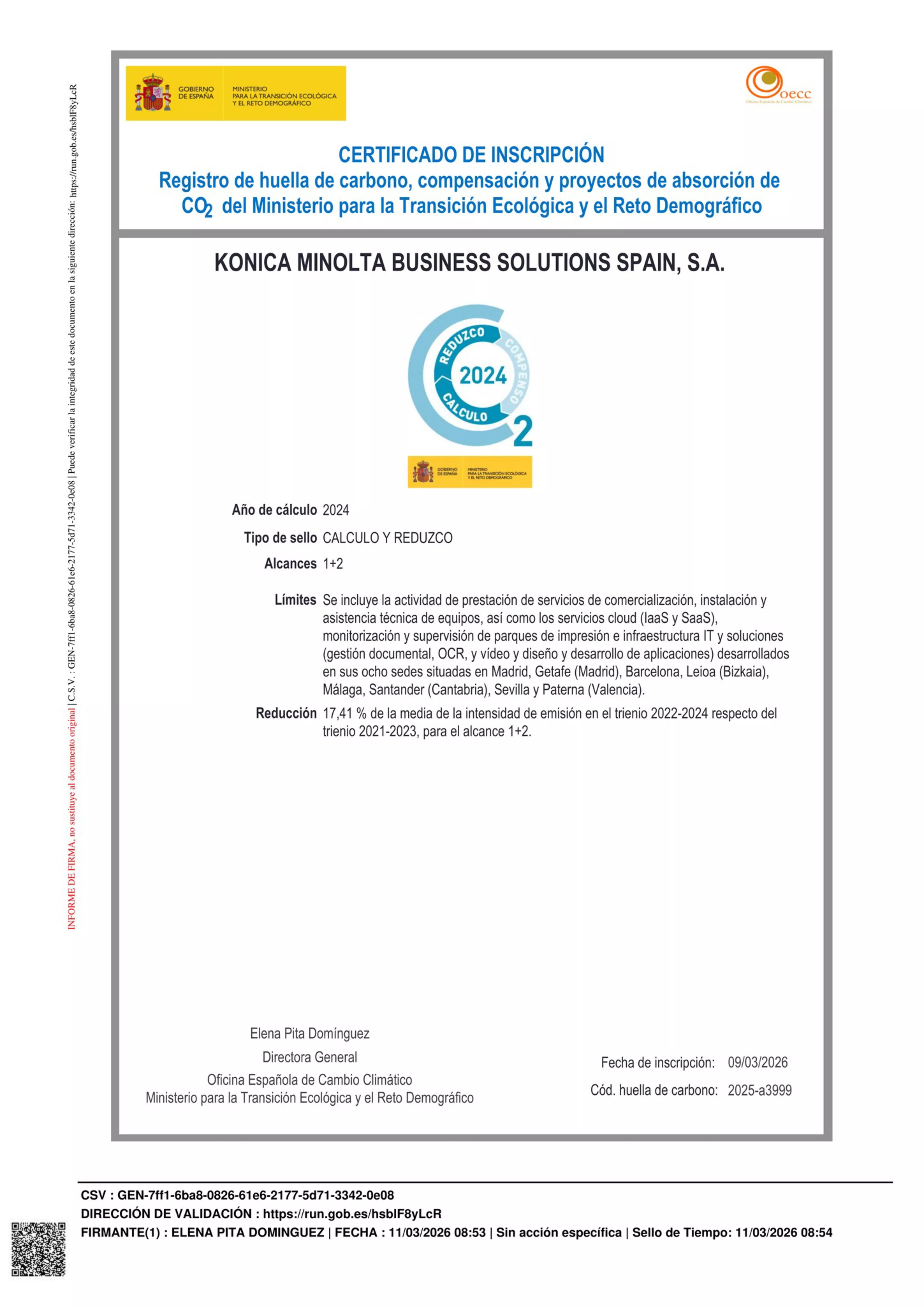 Certificado Cálculo, Reduzco y Compenso Huella de Carbono (MITERD)