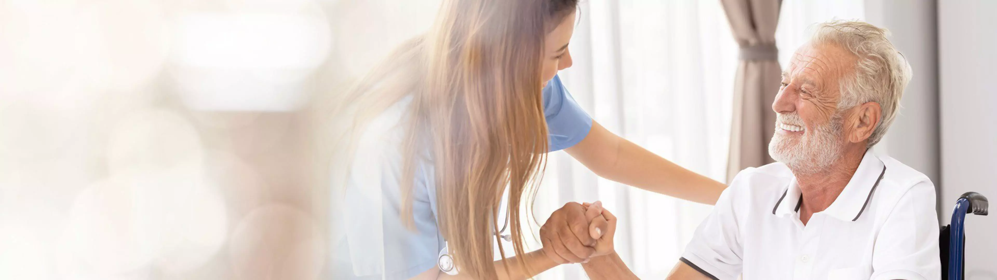 Web banner Man being cared for by a private Asian nurse at home suffering from Alzheimer's disease to closely care for elderly patients with copy space on left