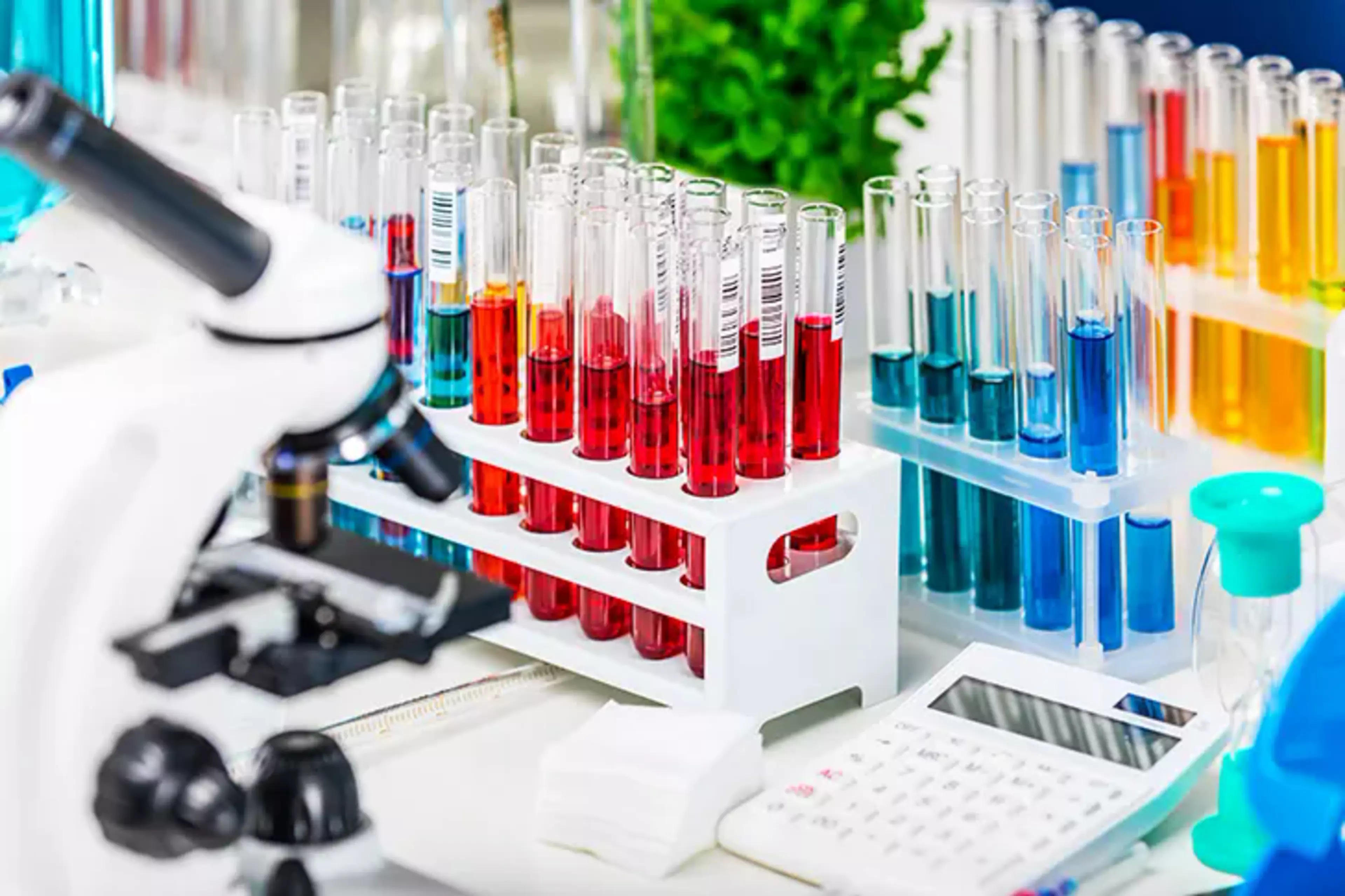 Multicoloured Chemicals in test tubes on a lab bench