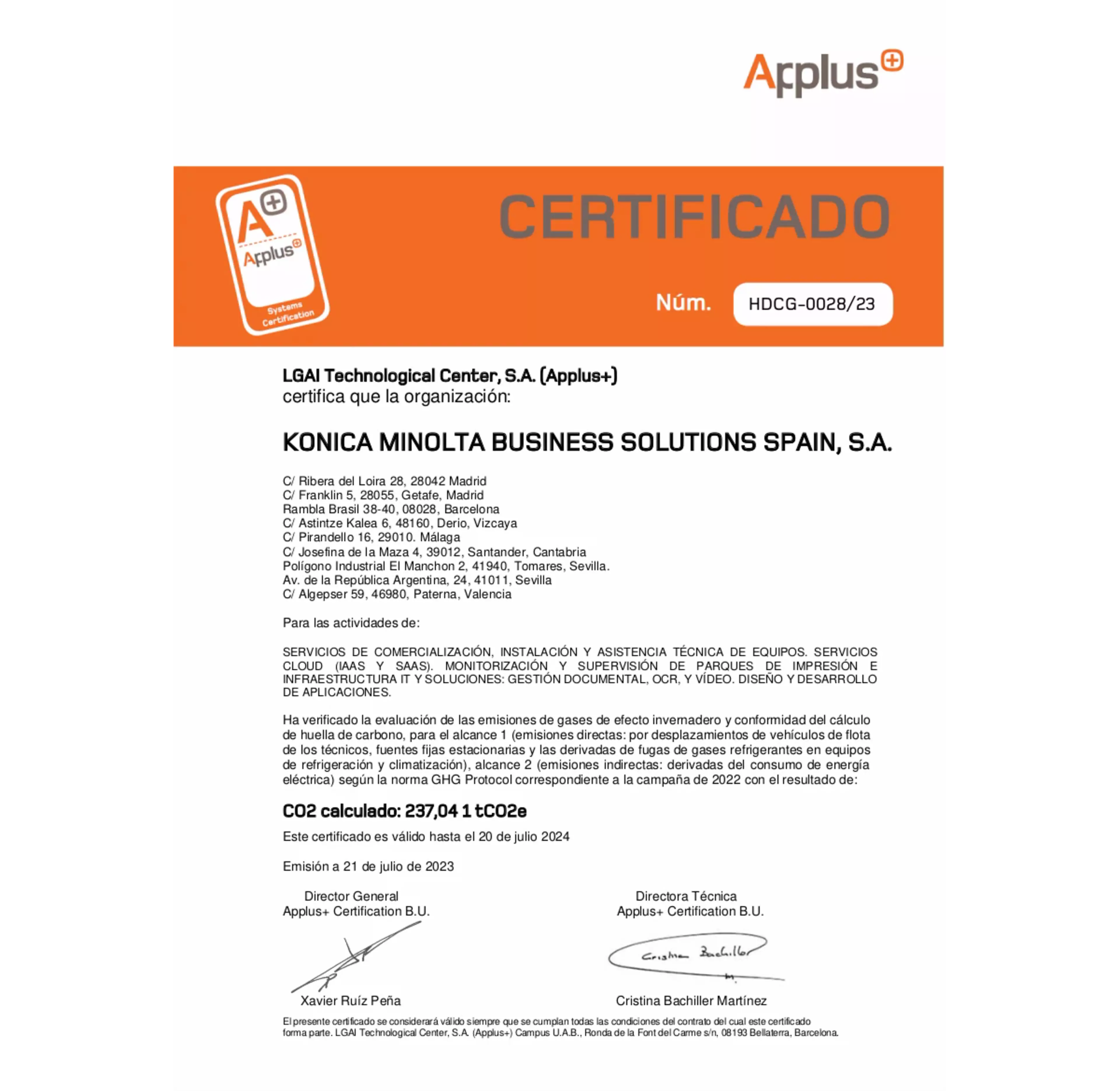 Certificado APPLUS Huella de Carbono