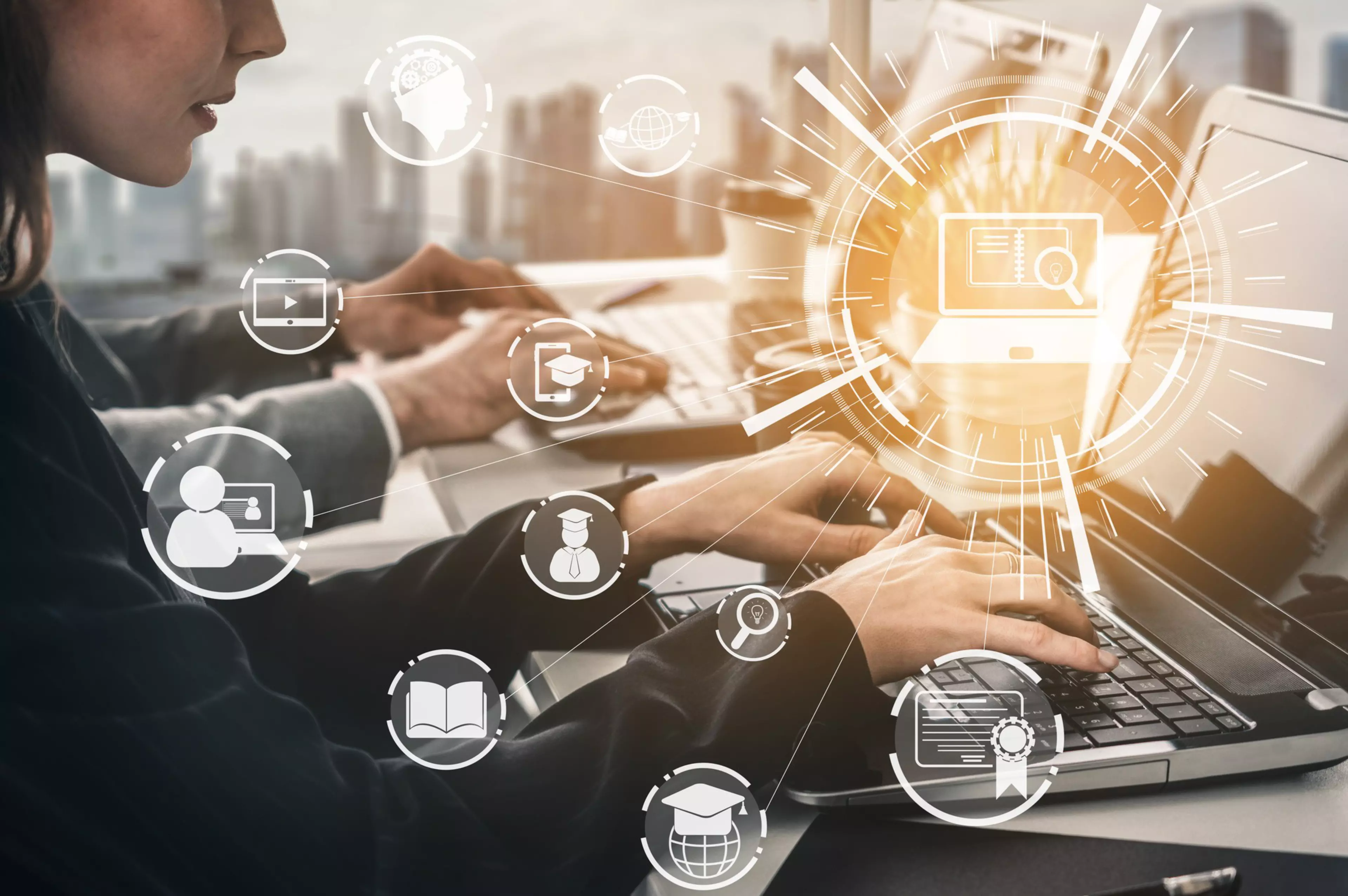 E-learning and Online Education for Student and University Concept. Graphic interface showing technology of digital training course for people to do remote learning from anywhere.
business, businesswoman, coach, communication, computer, concept, course, courses, device, digital, digitalize, digitally, drawing, e, e-learning, education, elearning, internet, knowledge, laptop, learn, learner, learning, lesson, network, online, online education, pc, people, remote, school, screen, seminar, smart, student, students, studying, tablet, teaching, technology, training, university, using, web, website, wide, wireless, woman, young