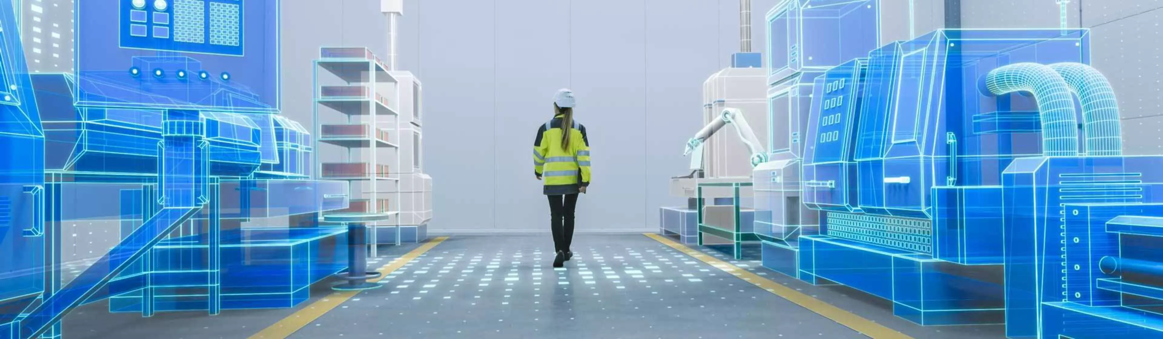 Female Engineer Walks Through Factory Workshop with Augmented Reality 3D Models CNC Machinery Production Line. Industry 4.0 Graphics Visualization in Factory. VFX Special Graphics and Visual Effects