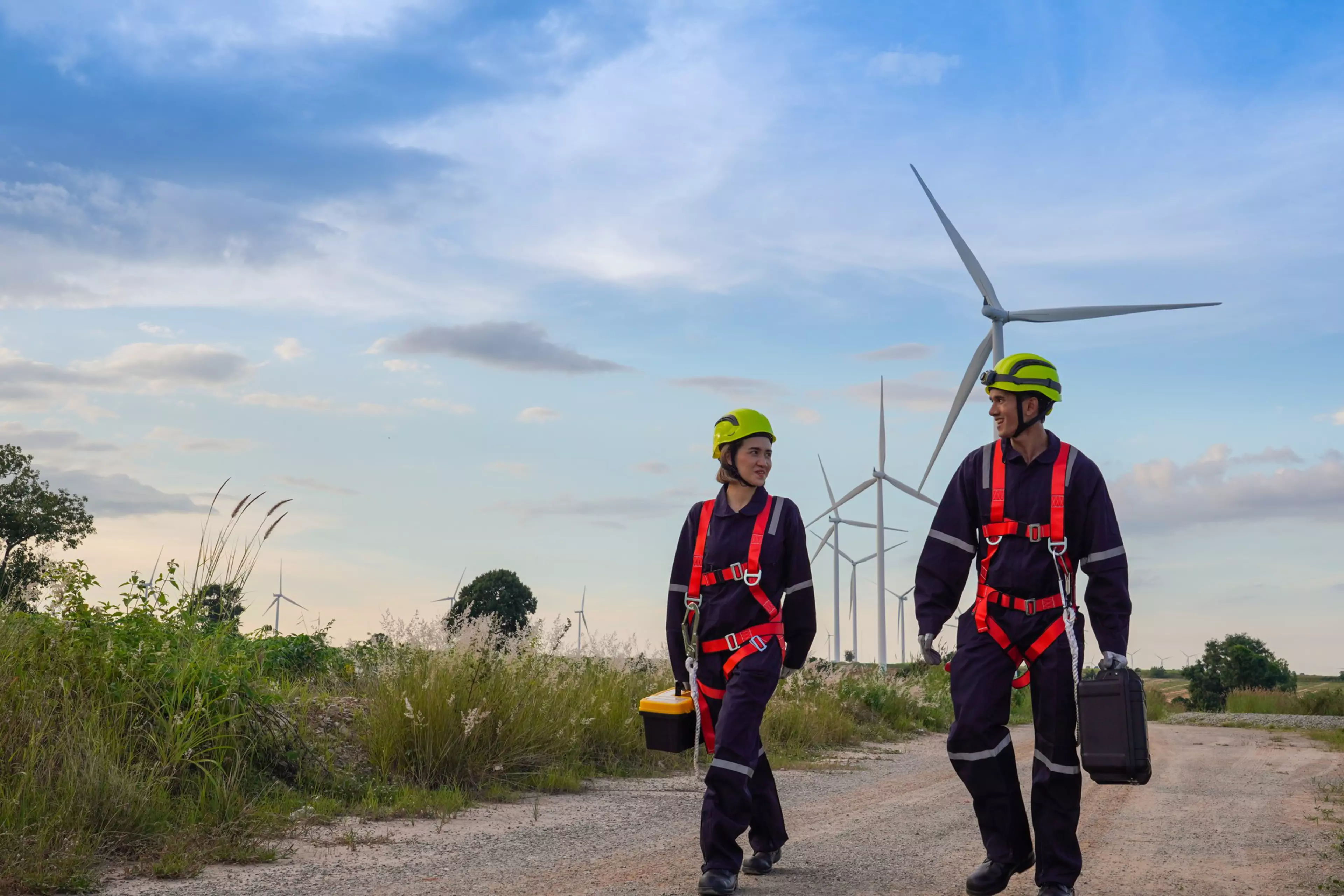 Male and female engineers in uniform, red safety bells, yellow hats, non-slip gloves for working at height walk into a wind turbine farm to perform maintenance. Clean energy from nature.
1351695547
ecology, electric, energy, engineers, female, hard hat, hats, height, hold, maintenance, male, non-slip gloves, perform, repair, safety bells, single, walk, white, work wear, worker