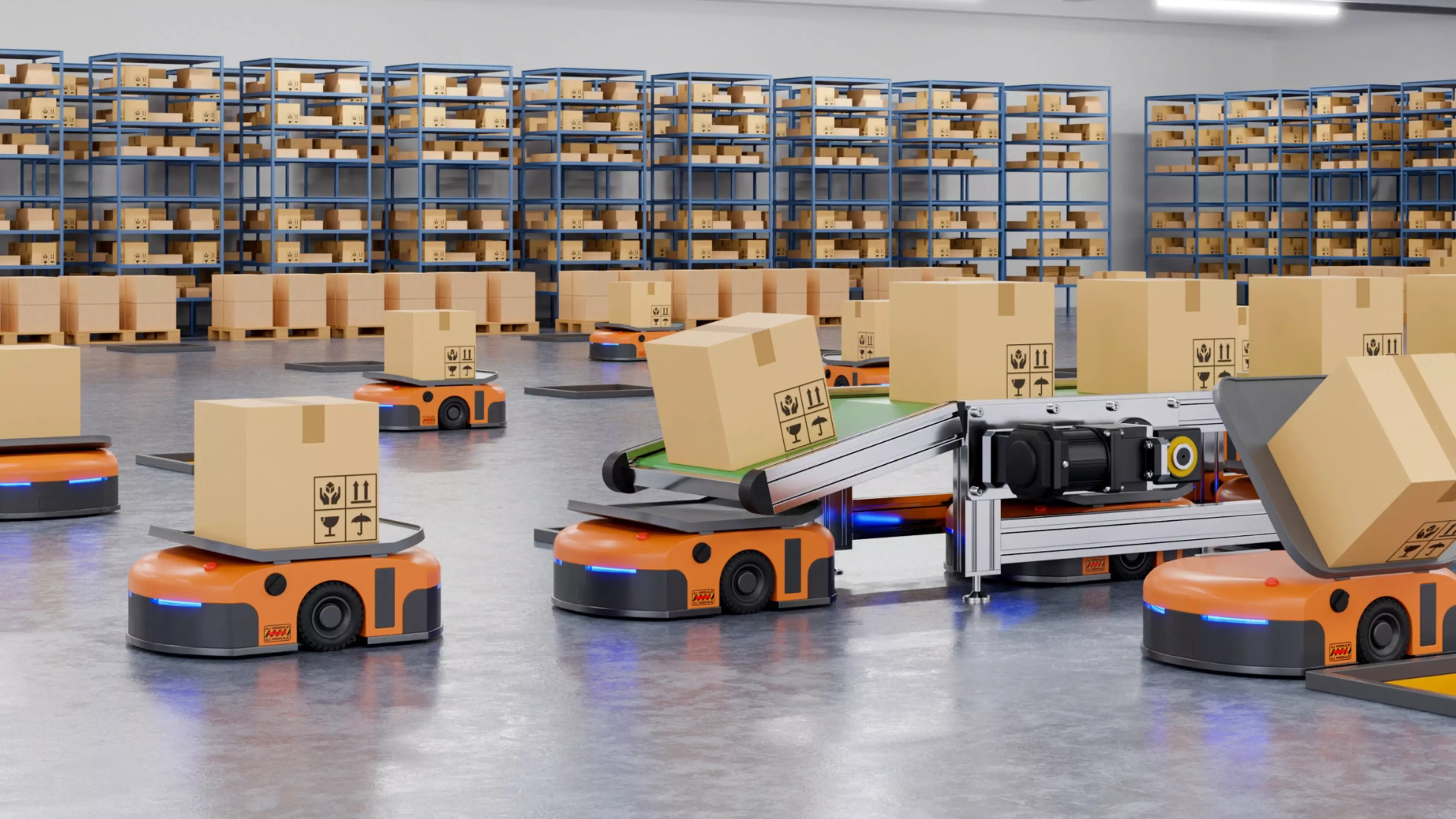 Automatizovaný sklad s roboty přepravujícími balíky mezi regály, monitorovaný kamerovým systémem pro efektivní logistiku a bezpečnost.