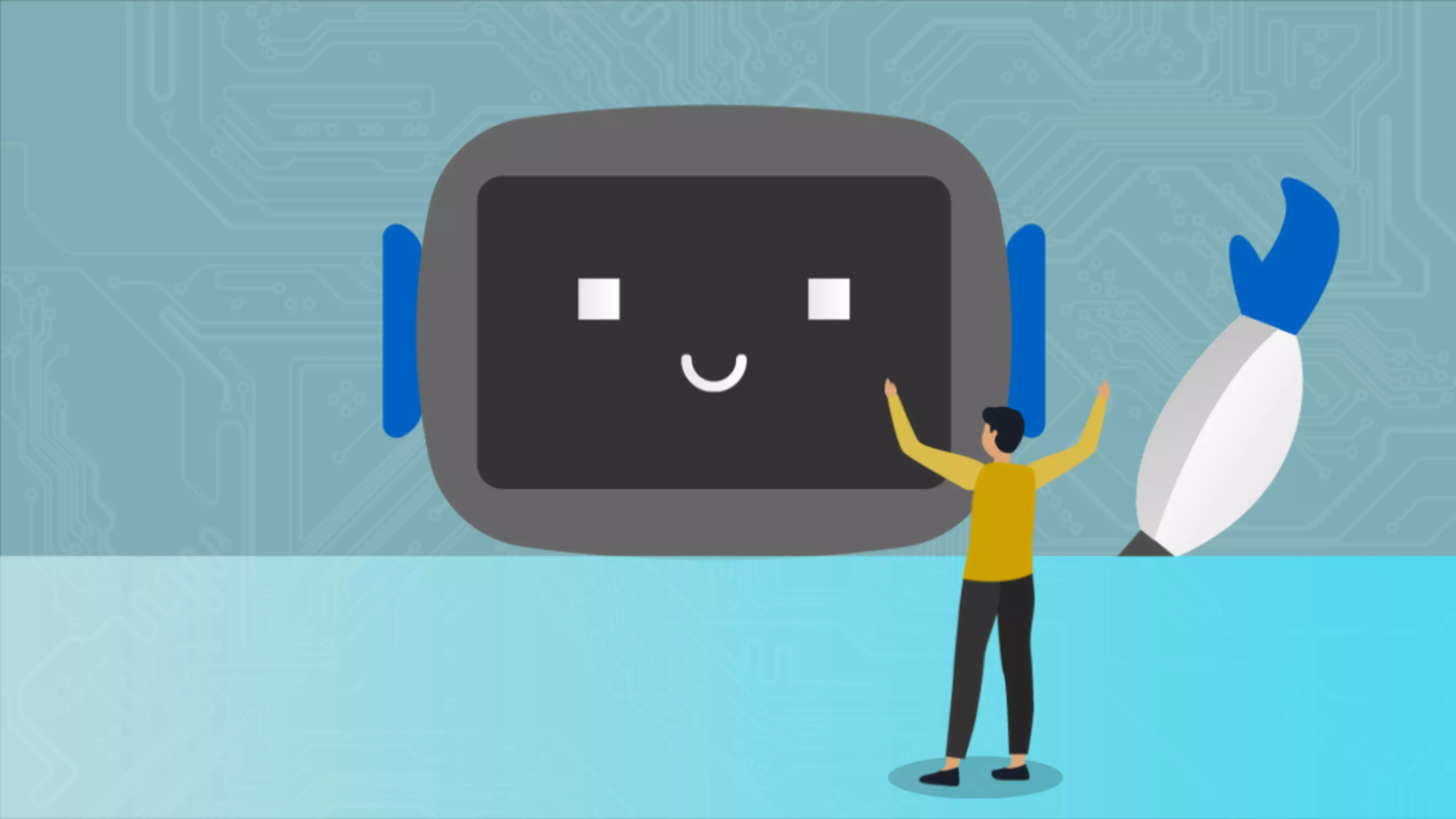 Illustration eines Menschen vor einem großen, freundlich blickenden Roboterkopf.