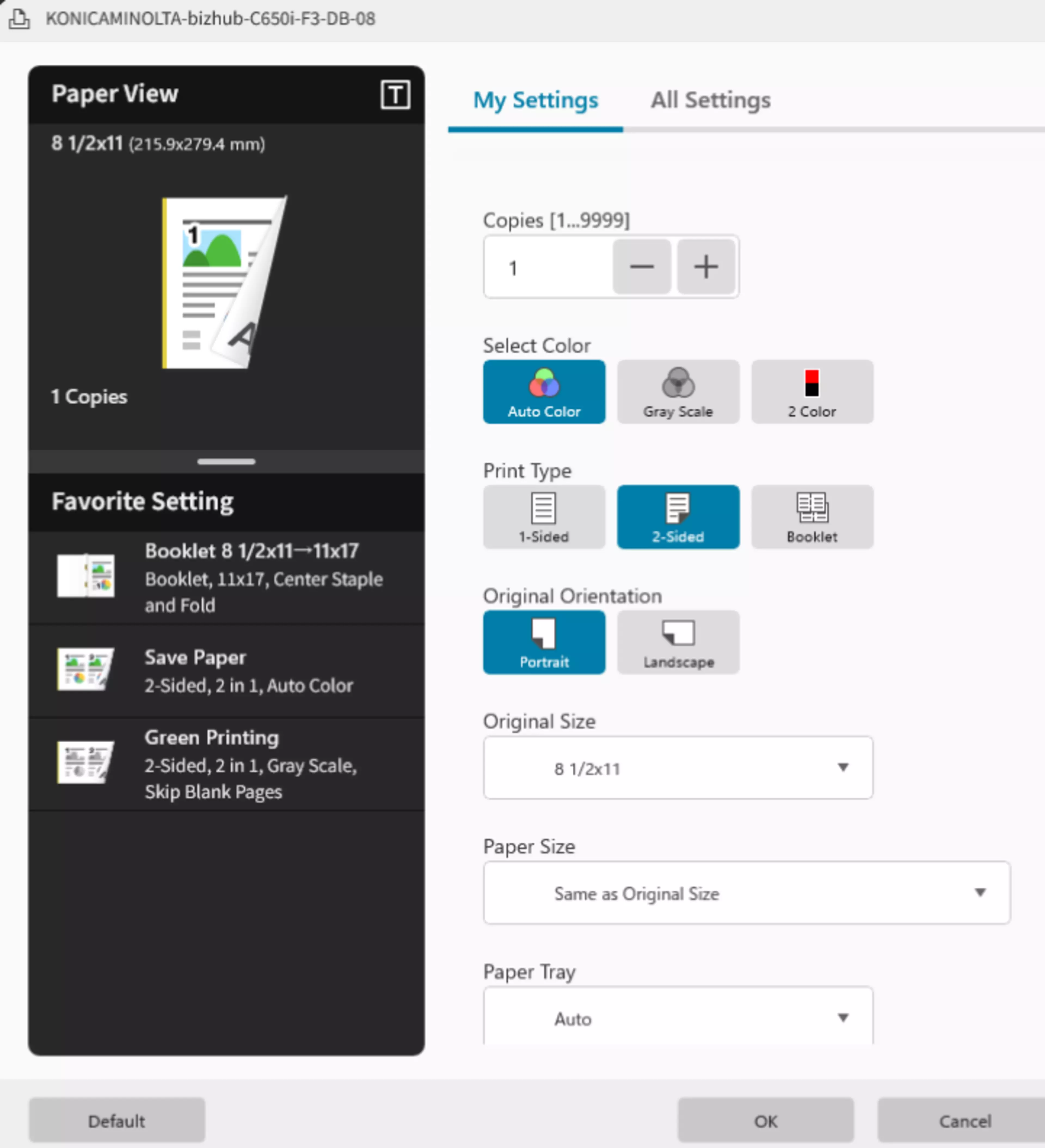 Interface of the bizhub Print Support App