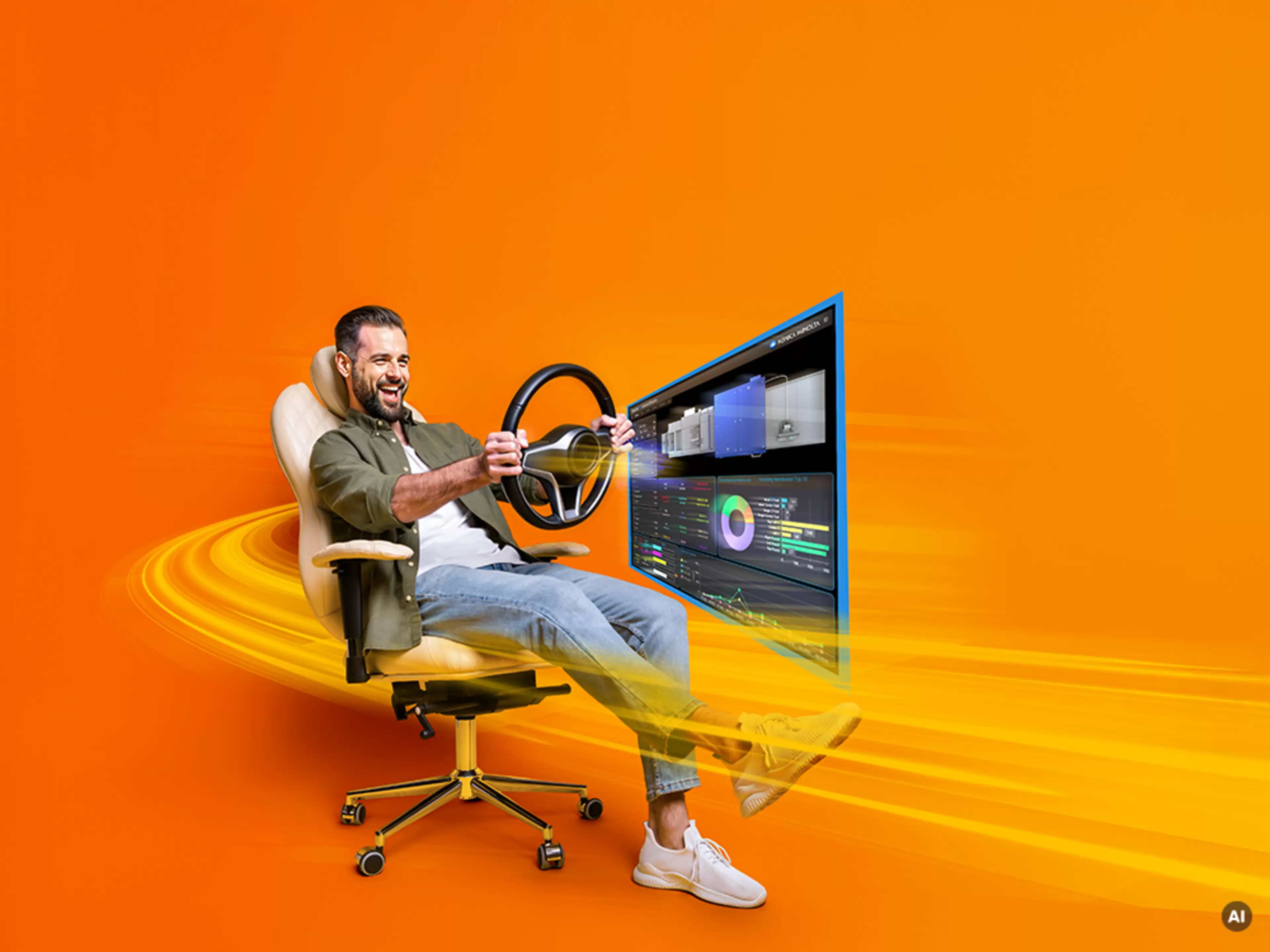 A smiling man sits in an office chair, holding a steering wheel in front of a large digital monitor displaying 3D models, data visualizations, and analytics. Bright yellow light trails sweep around him against a vibrant orange background, creating a futuristic sense of speed and innovation.