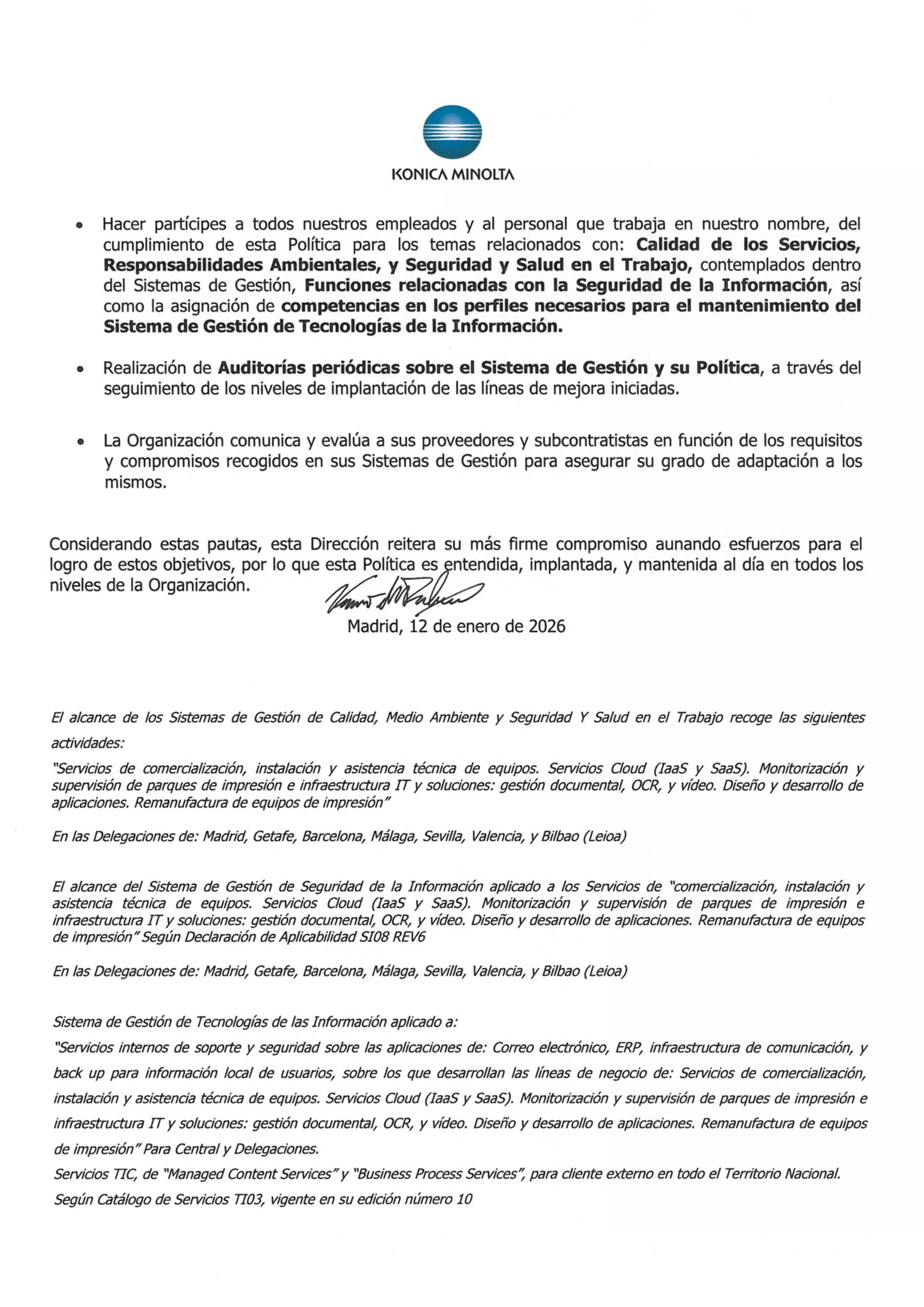 Política integrada para los sistemas de gestión: Calidad, medio ambiente, seguridad de la información, servicios TI y seguridad y salud en el trabajo, página 2